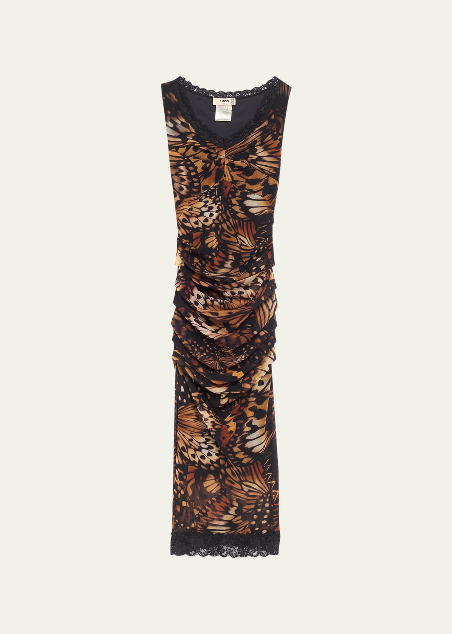 Fuzzi Lace-trim Butterfly-print Tulle Midi Dress In Camel