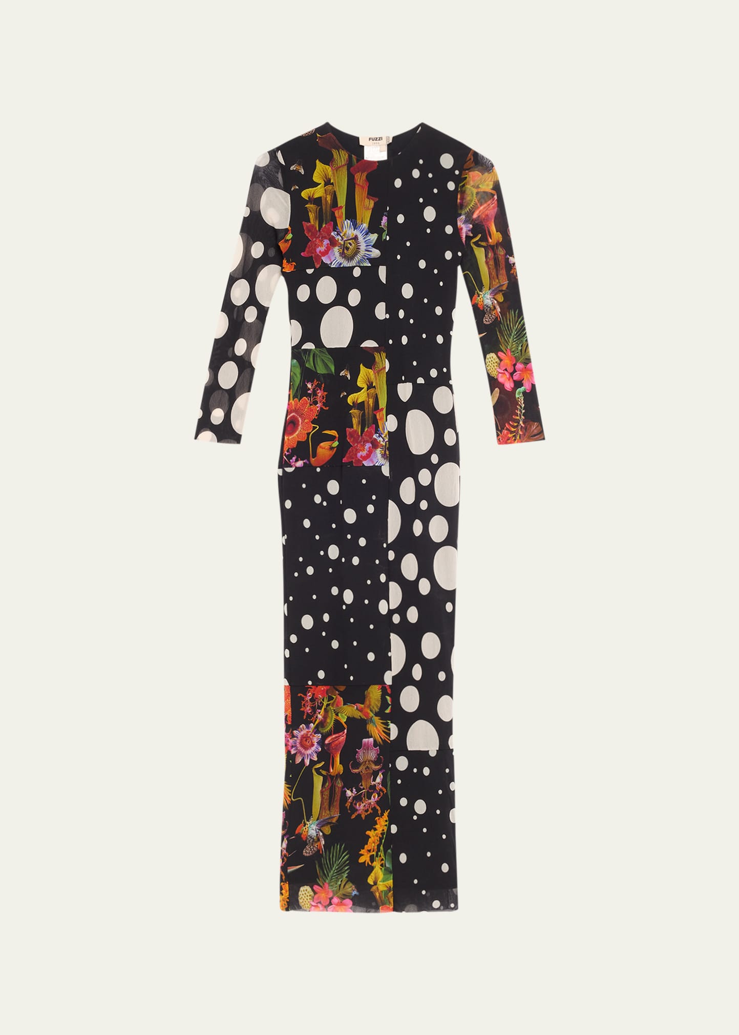 Fuzzi Patchwork-print Bodycon Tulle Midi Dress In Multicolor