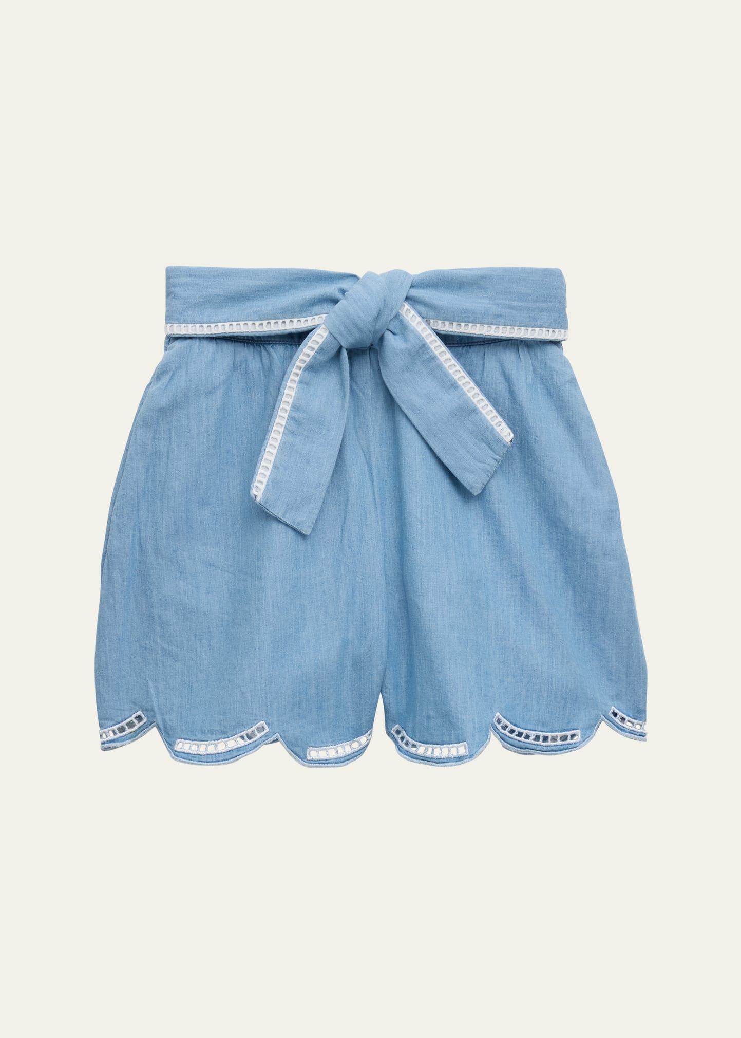 Shop Chloé Girl's Openwork Ladder Hemstitch Denim Shorts In Z10-denim Blue