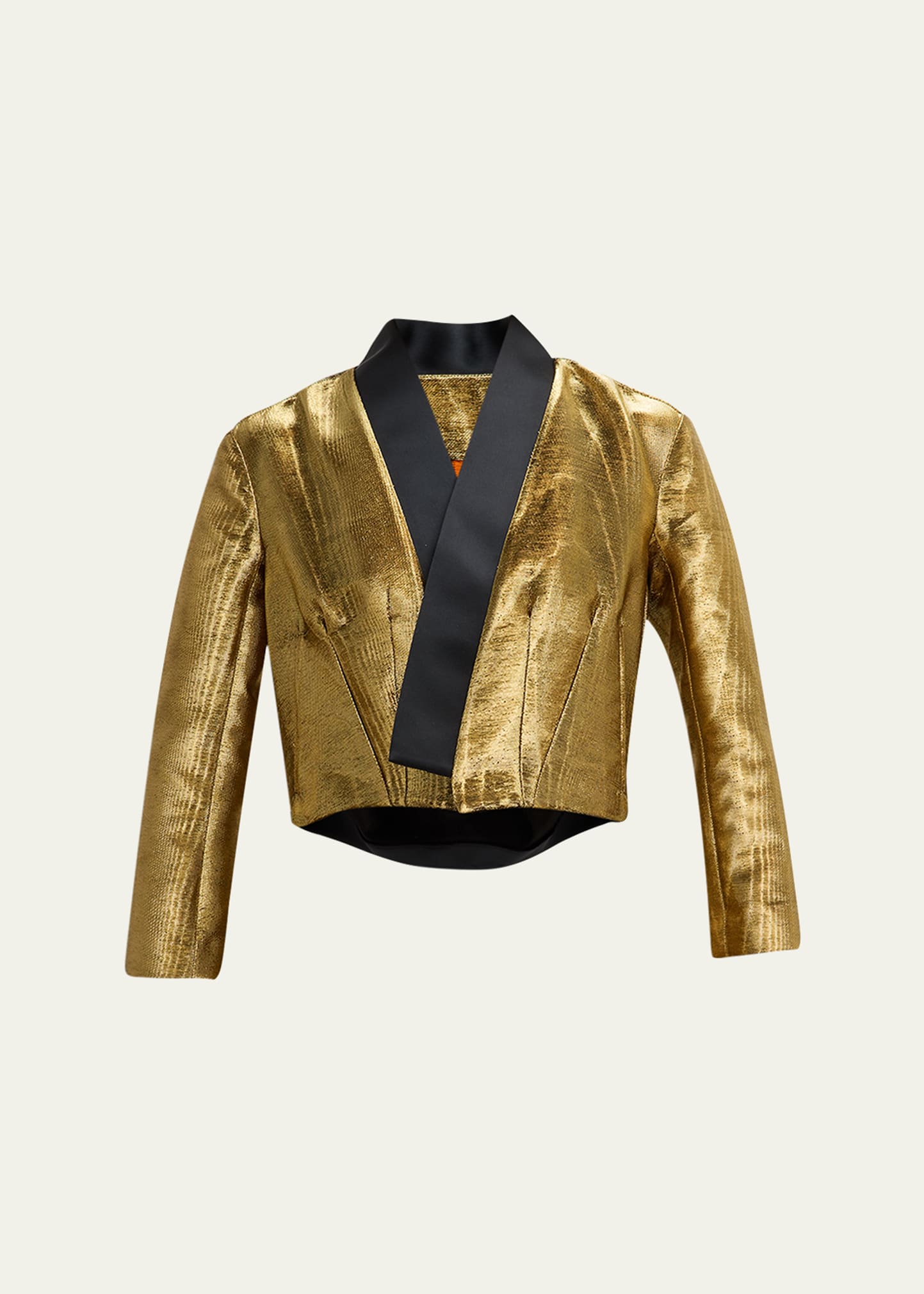 Shop Bach Mai Metallic Sculpted-back Crop Jacket In Gold Moire