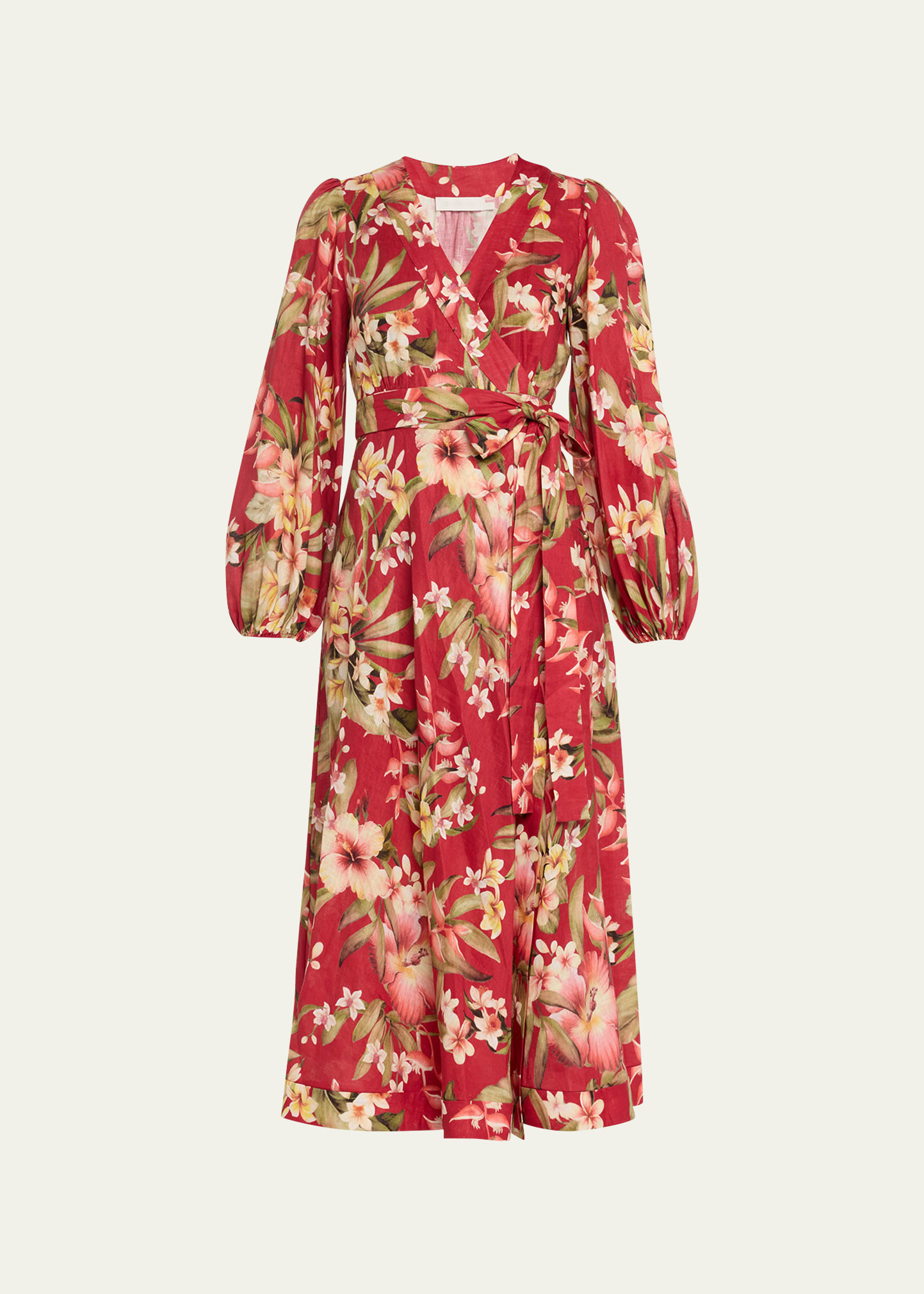 Zimmermann + Net Sustain Lexi Floral-print Linen Midi Wrap Dress In Red Palm