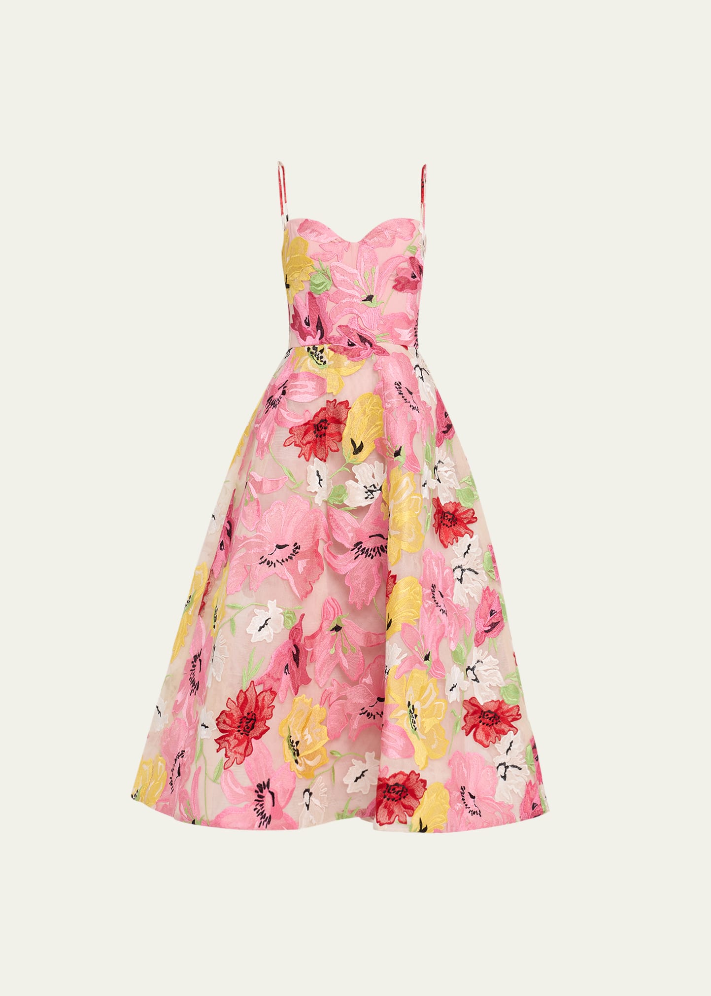 Shop Monique Lhuillier Floral-embroidered Flared Skirt Dress In Raspberry Yellow
