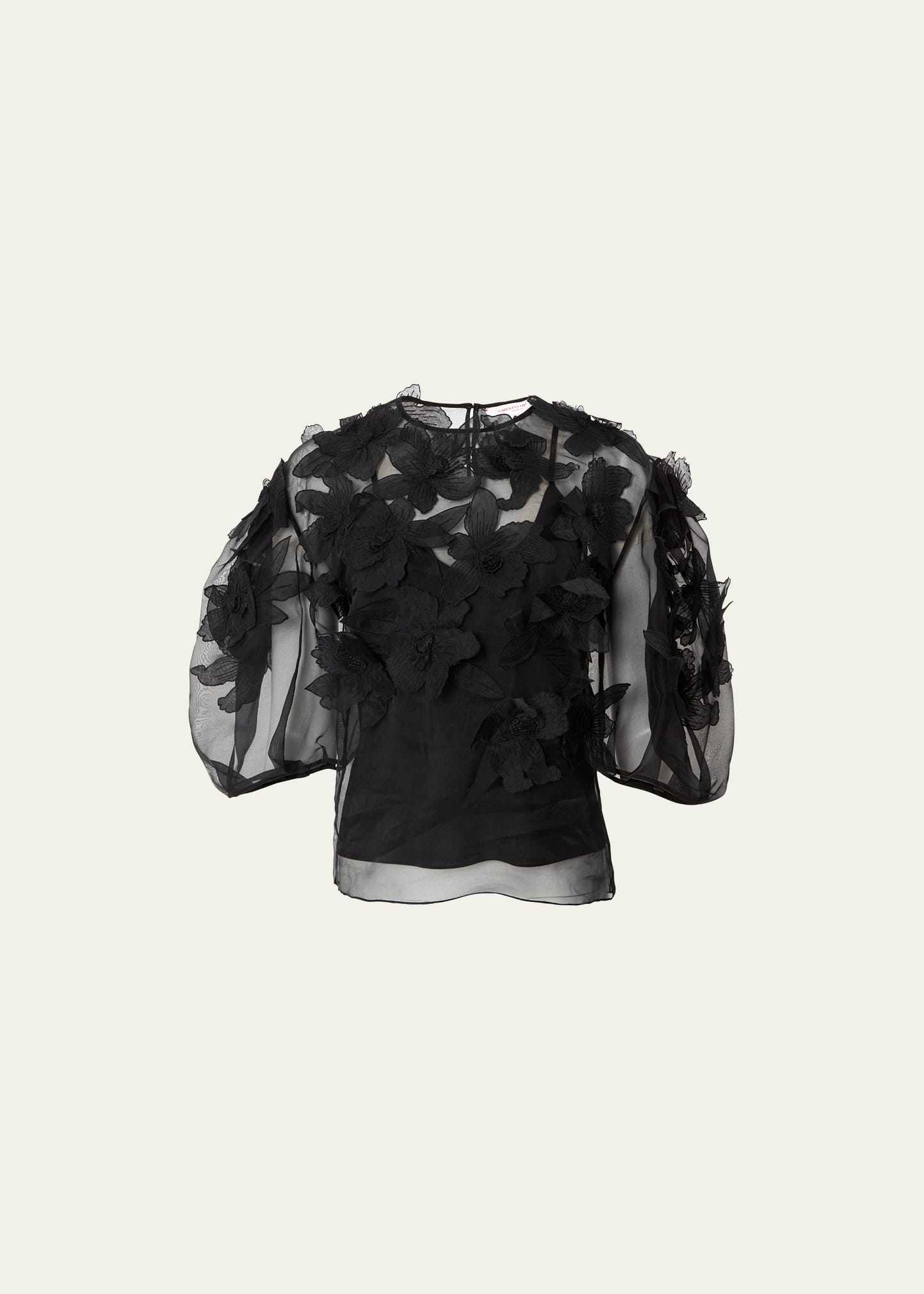 Shop Carolina Herrera Floral Embroidered Puff-sleeve Sheer Top In Black