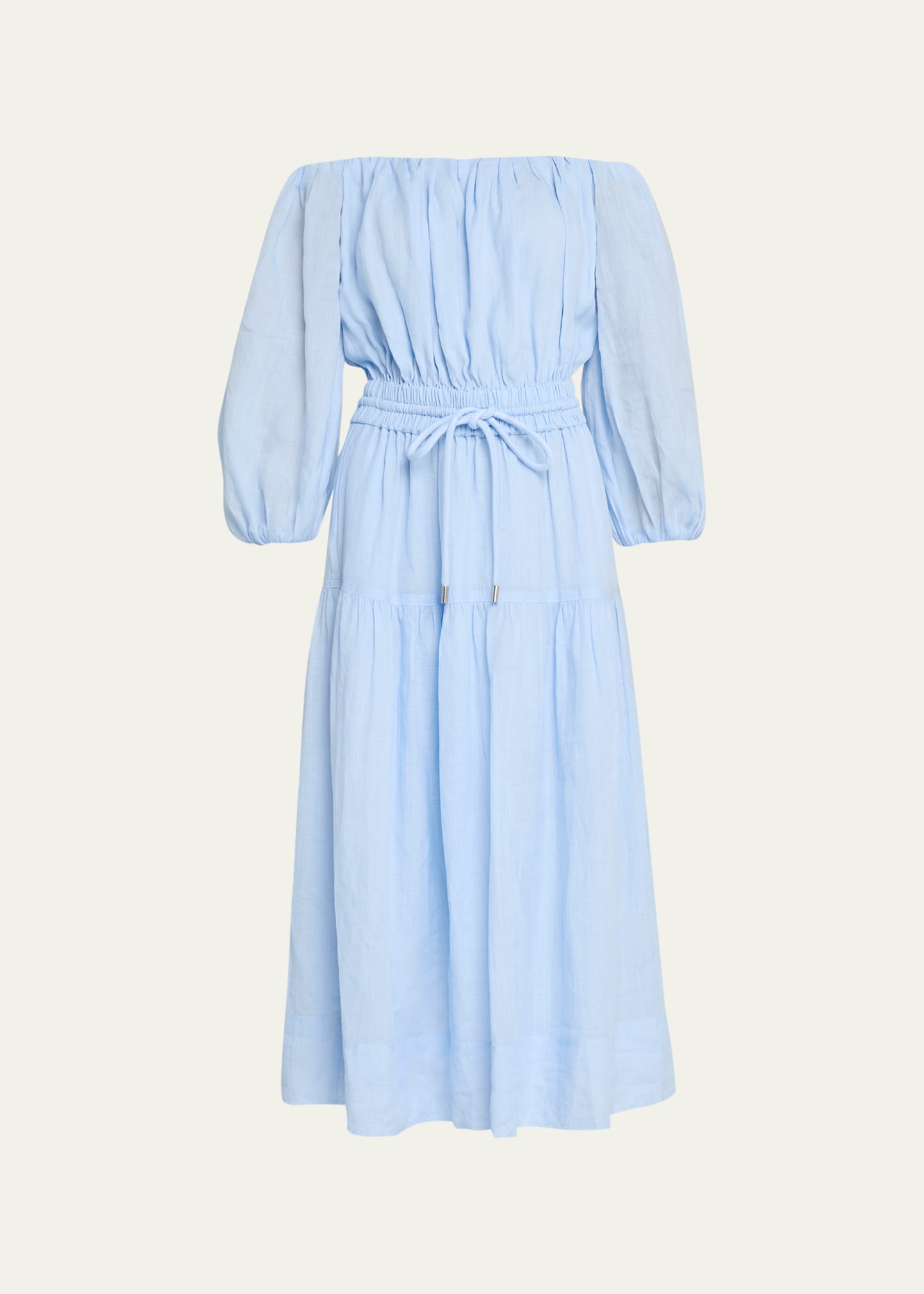 Shop A.l.c Indy Off-the-shoulder Drawstring Midi Dress In Sky Blue