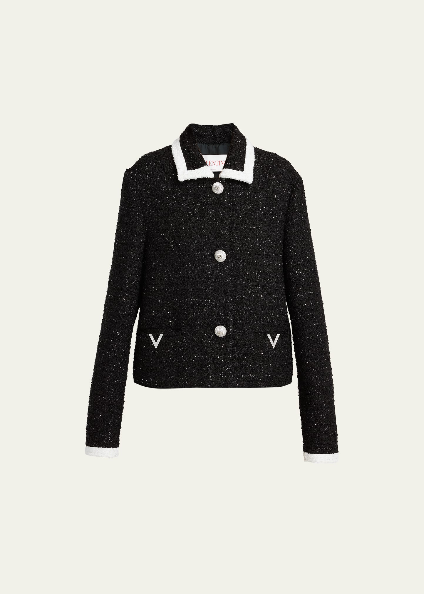 Shop Valentino Metallic Tweed Contrast-trim Collared Blazer Jacket In Black Ivory