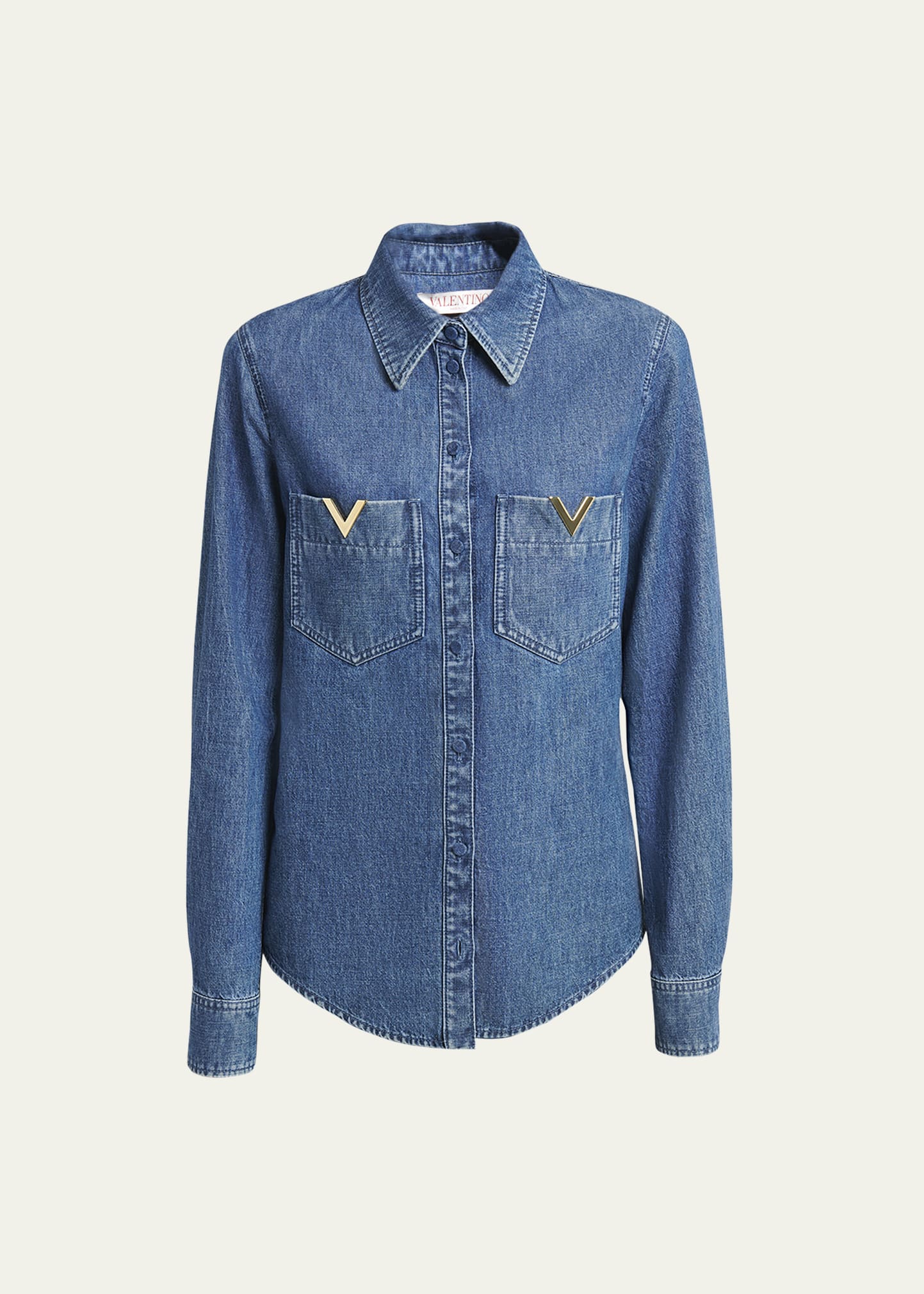 Shop Valentino Denim Button-front Shirt With Logo Pocket Detail