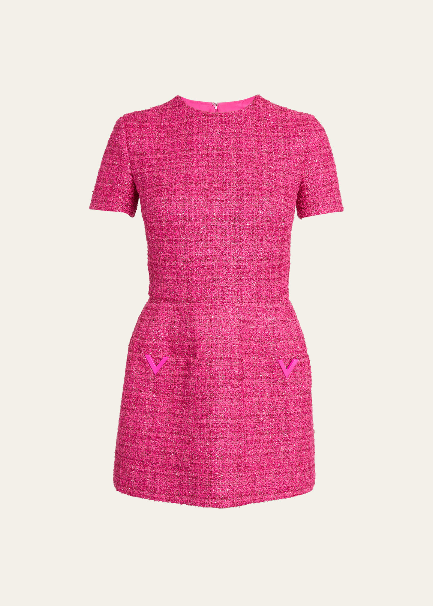 Shop Valentino V-logo Pocket Short-sleeve Metallic Tweed Mini Dress In Pink