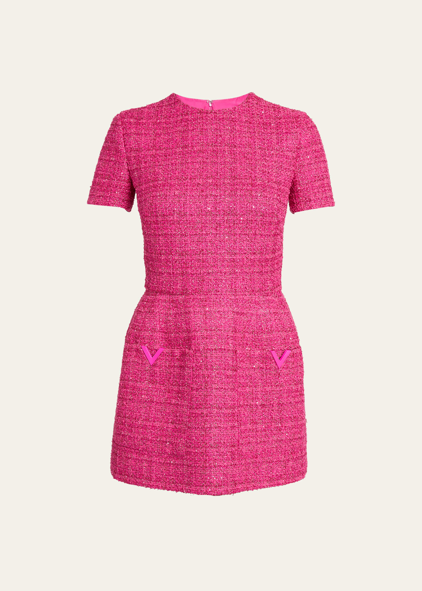 Valentino Garavani V-Logo Pocket Short-Sleeve Metallic Tweed Mini Dress |  Smart Closet