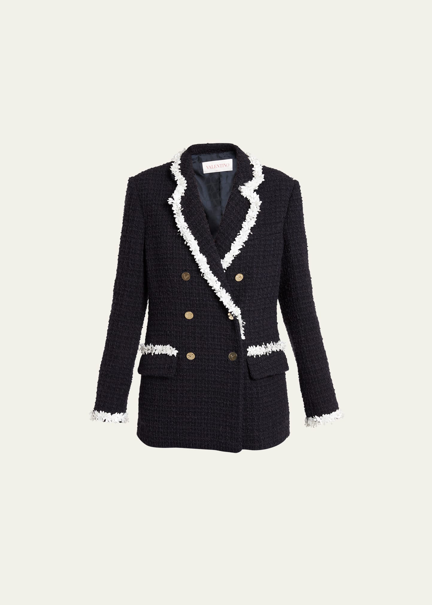 Shop Valentino Beaded-trim Double-breasted Tweed Blazer Jacket In Navy Multi