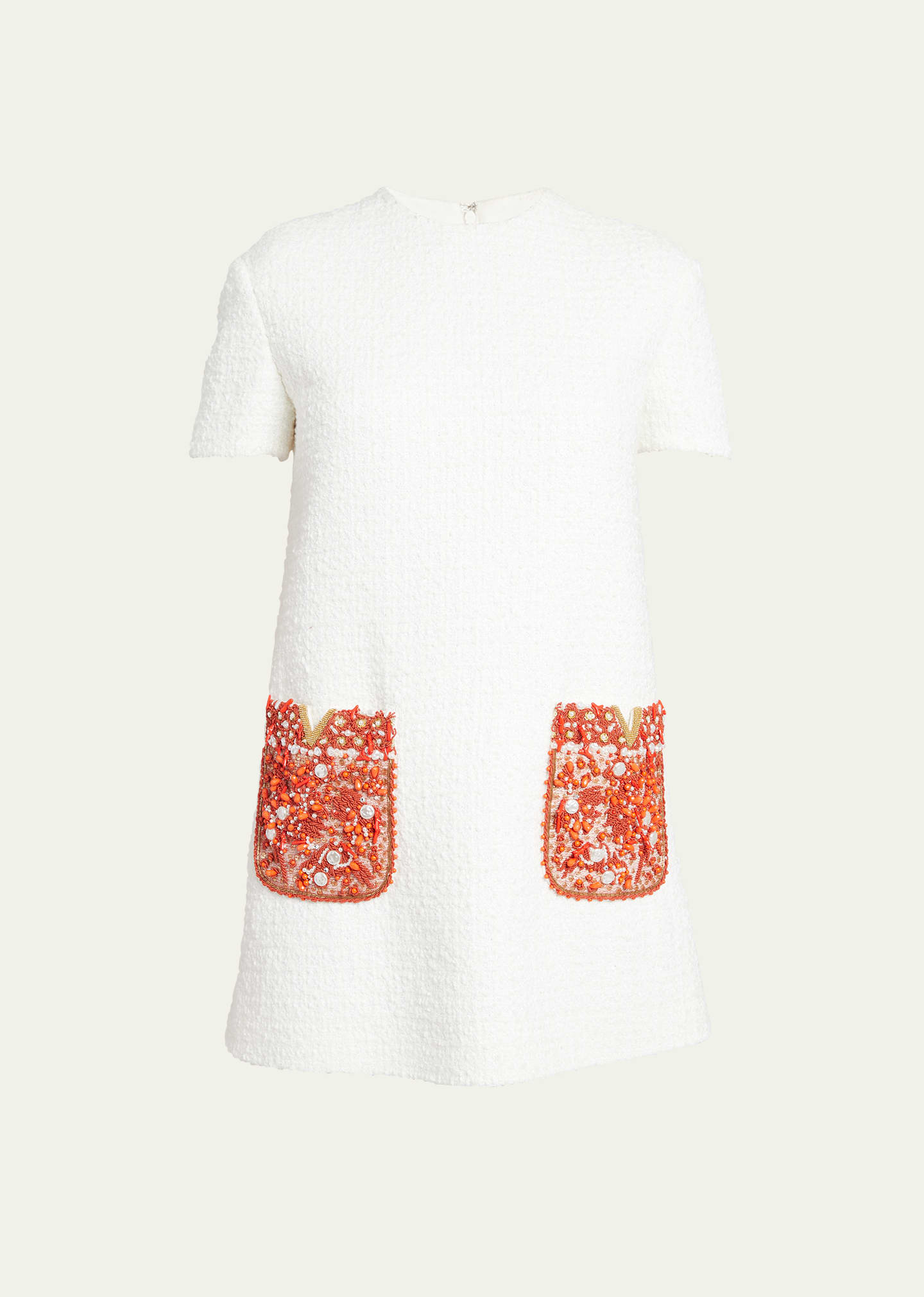 Shop Valentino Coral V-logo Embroidered Pocket Tweed Mini Shift Dress In Ivory Multi