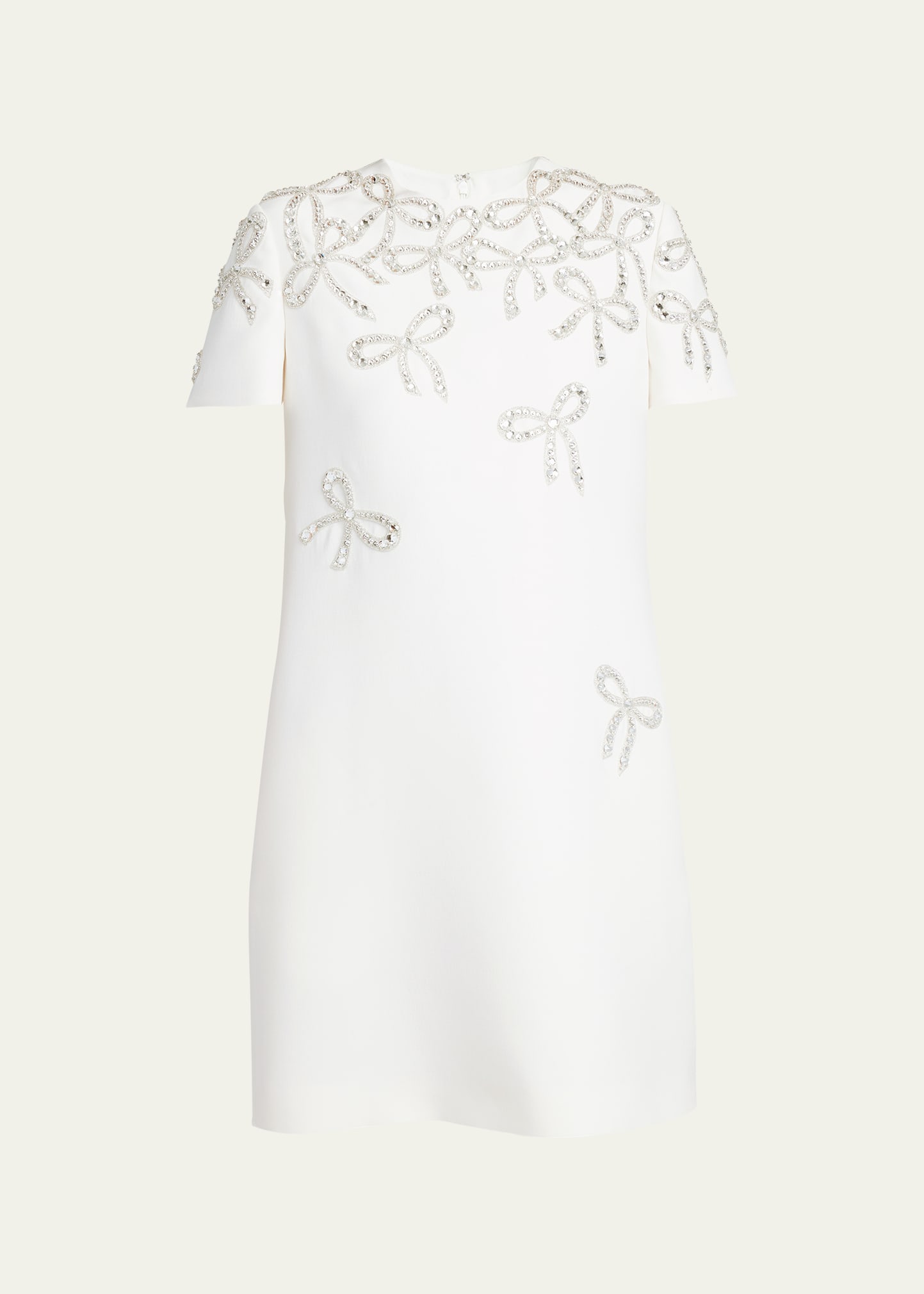 Valentino Embroidered Falling Bow Short-sleeve Mini Dress In White Silver