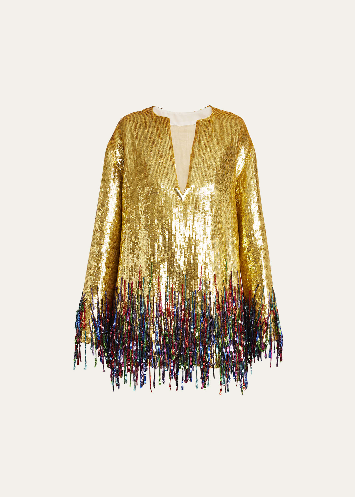 Valentino Sequin Tunic Mini Dress With Beaded Fringe In Gold
