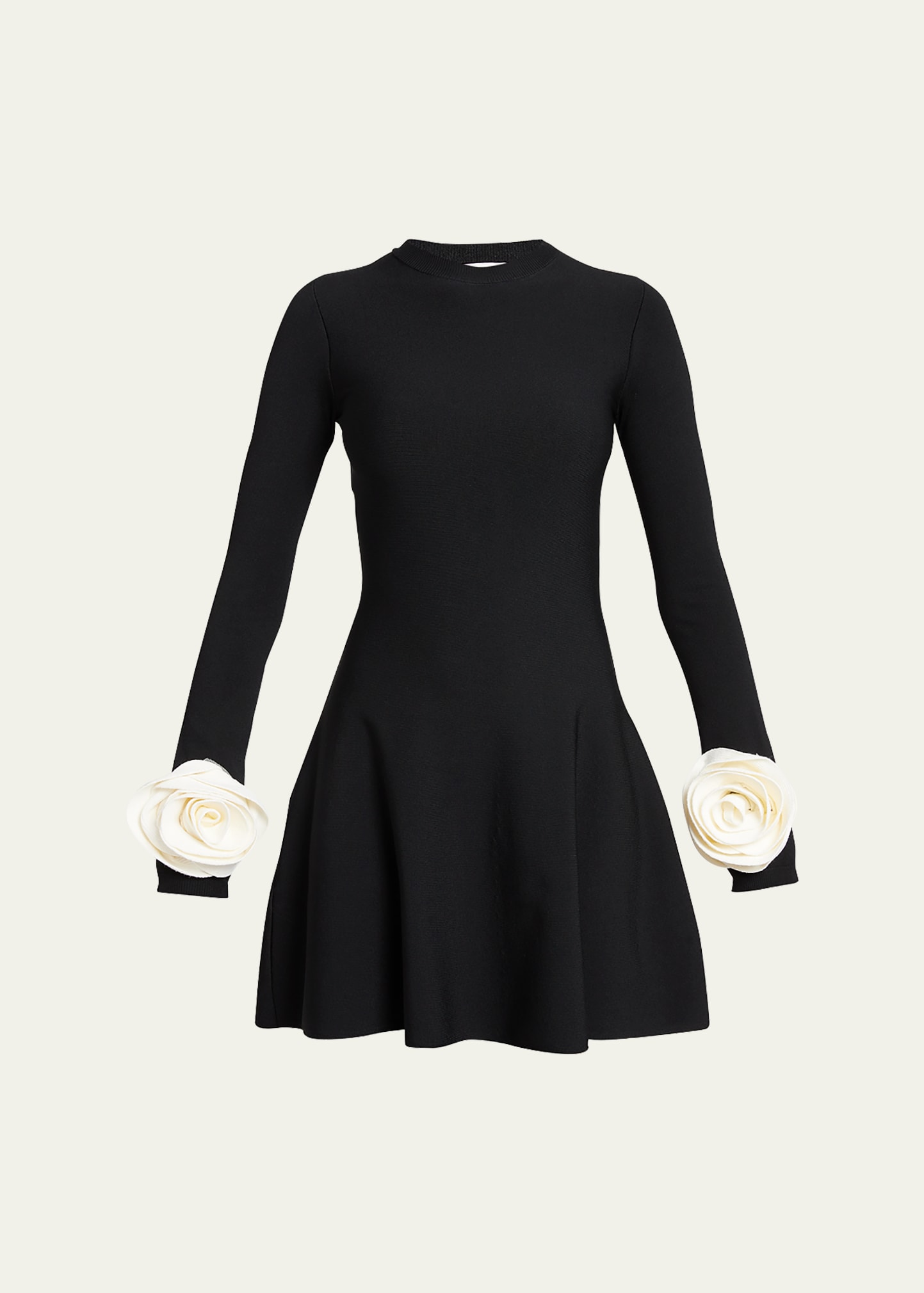 Shop Valentino Rosette Cuff Long-sleeve Mini Sweater Dress In Black Ivory