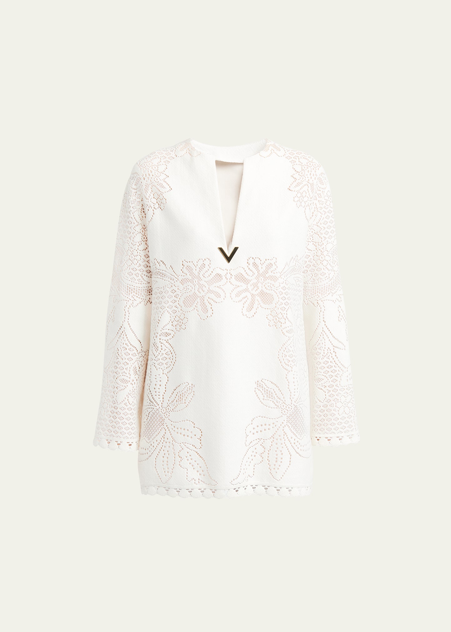 Valentino V-logo V-neck Long-sleeve Floral Guipure Tunic Mini Dress In Ivory