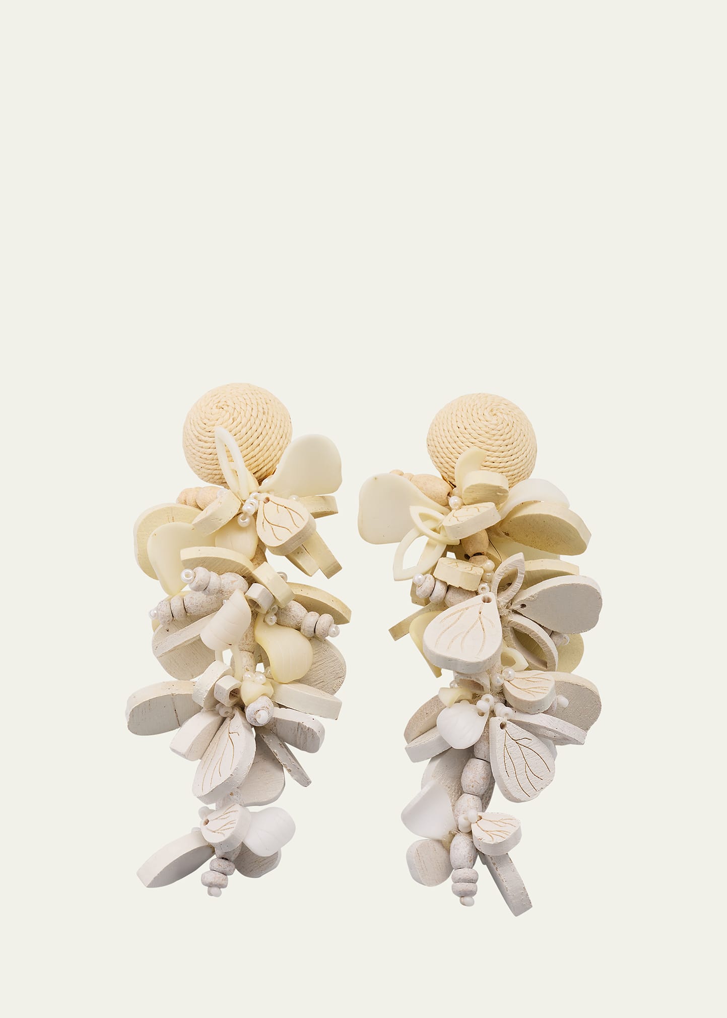 Oscar De La Renta Wooden Flower Cluster Clip-on Earrings In Ivory