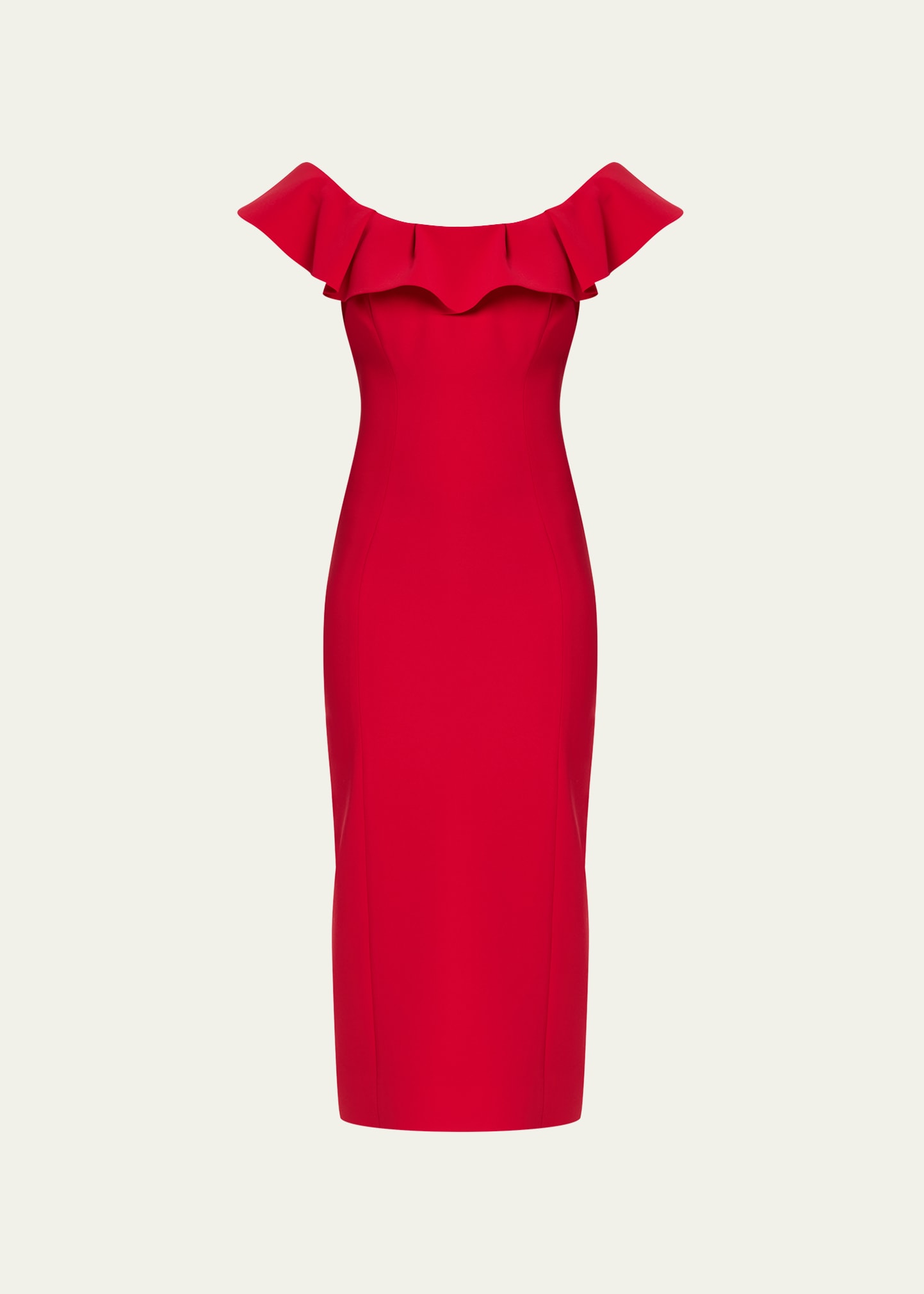 Shop Carolina Herrera Ruffle Off-shoulder Midi Dress In Crimson