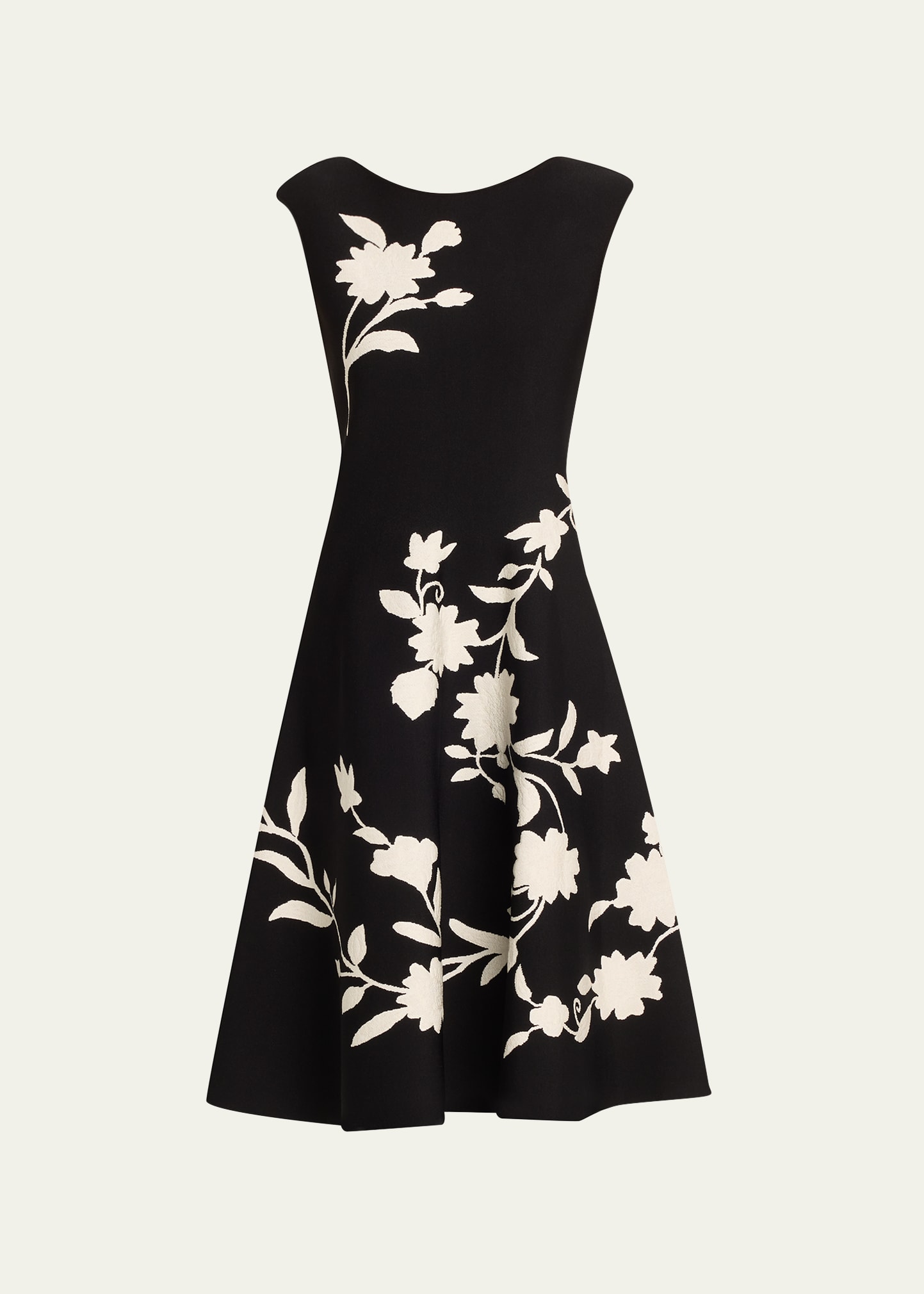Shop Carolina Herrera Flare Knit Midi Dress With Floral Detail In Black Multi