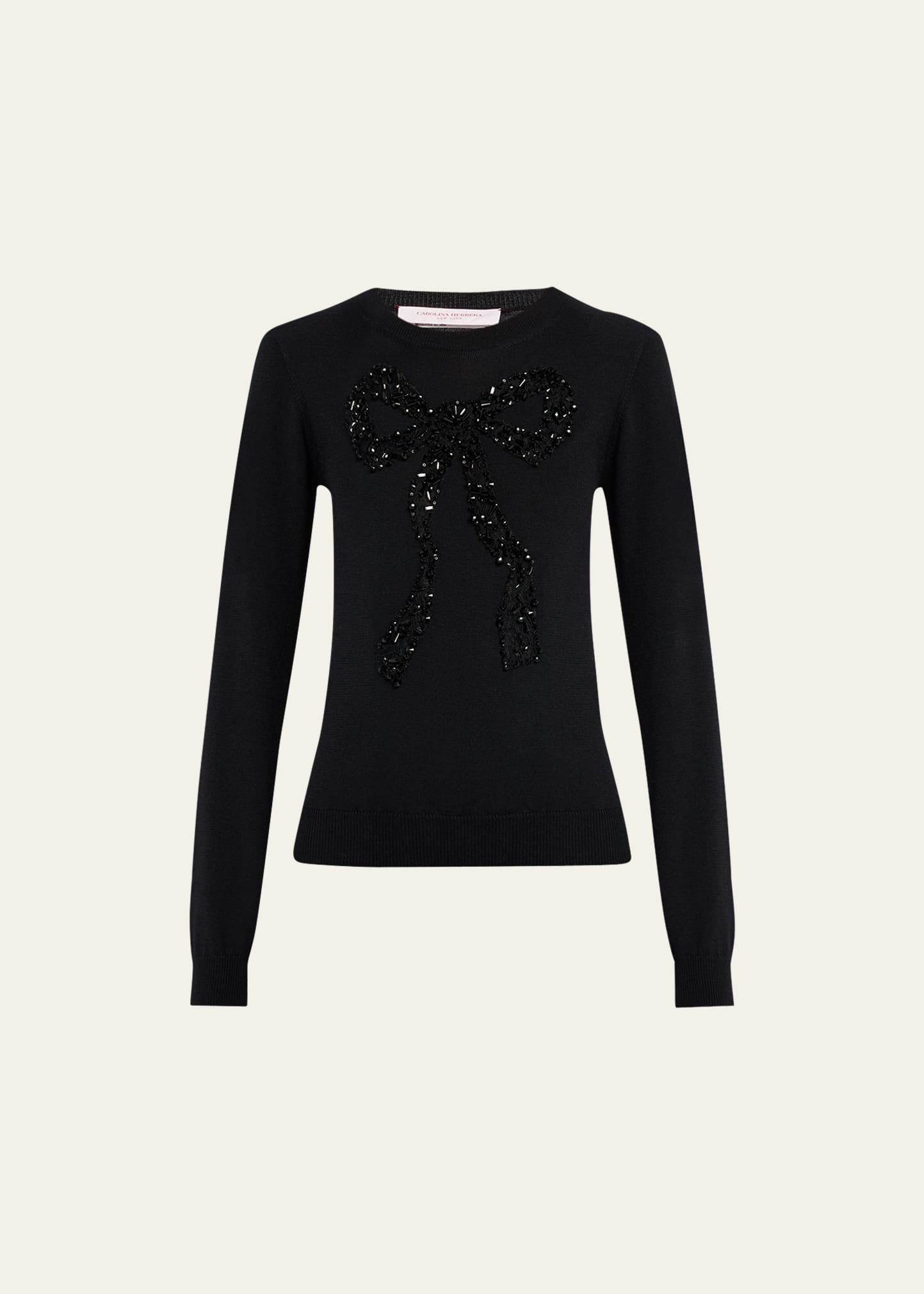 Shop Carolina Herrera Bow Bead-embellished Wool Sweater In Black