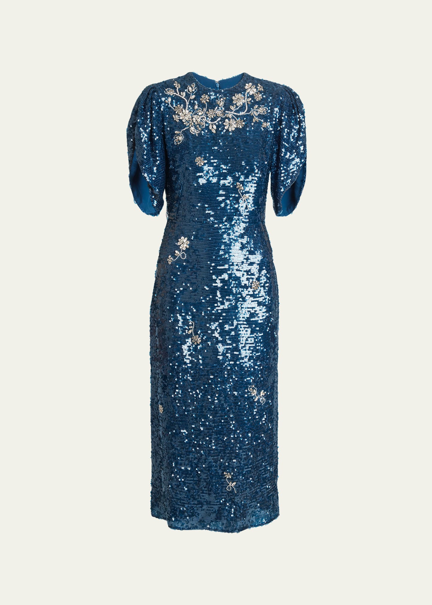 Shop Erdem Crystal Embroidered Short-sleeve Sequin Midi Dress In Petrol