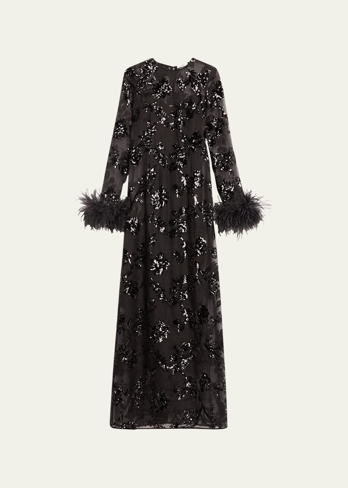 Shop Erdem Sequin Waisted Column Gown With Feather Cuffs In Black Black