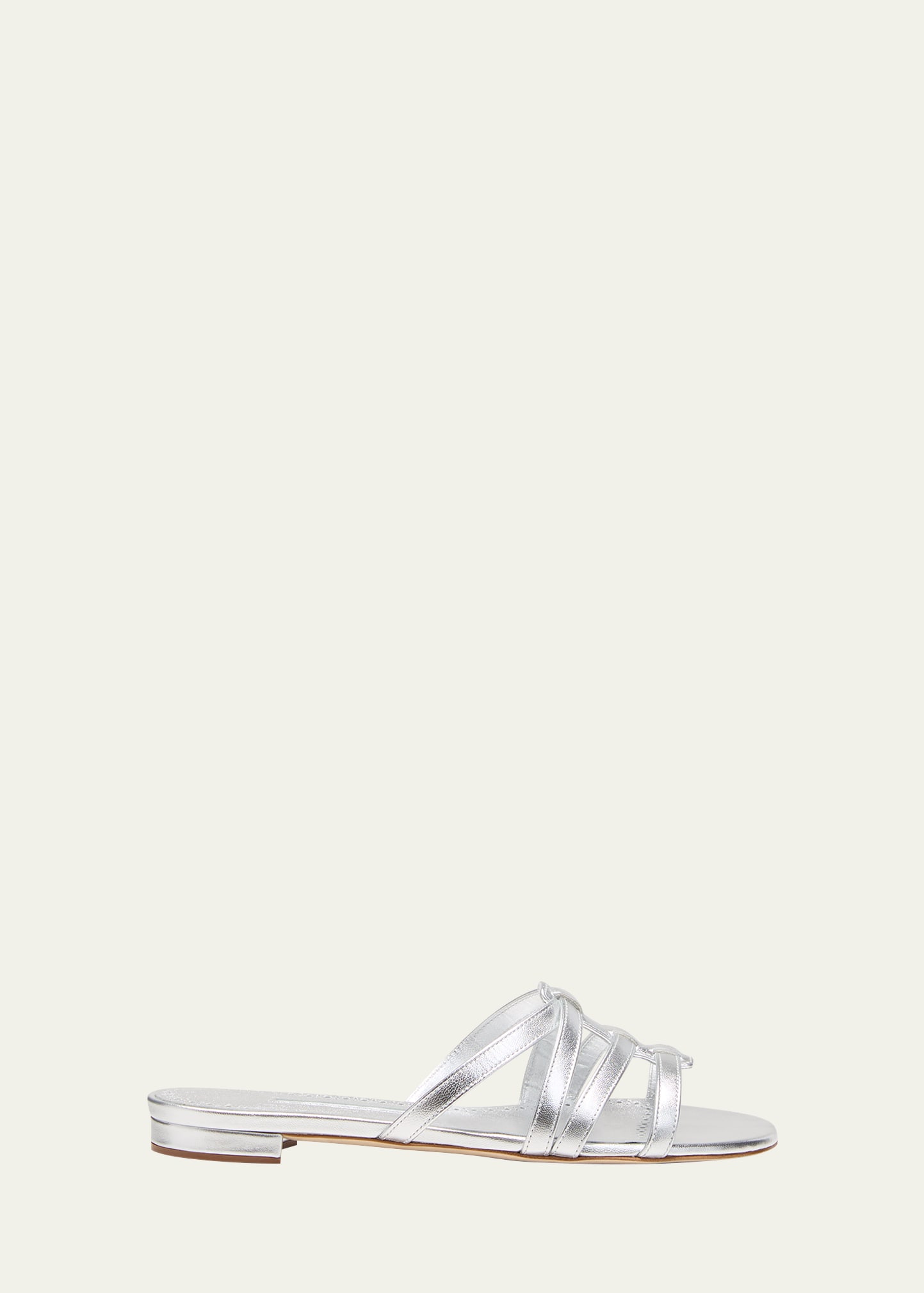 Manolo Blahnik Metallic Leather Caged Flat Sandals In Silver