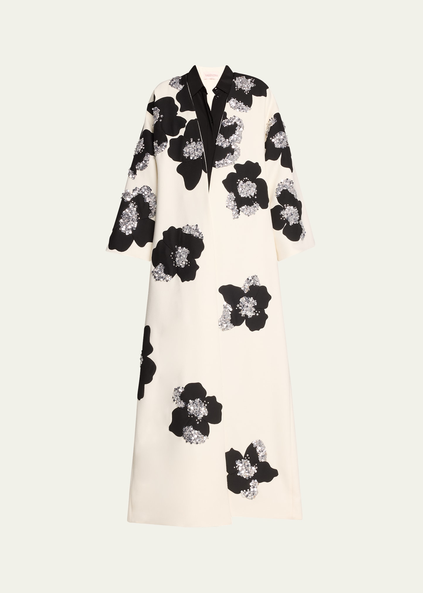 Shop Valentino Floral Sequined Wool Cape Coat In Ivory Black