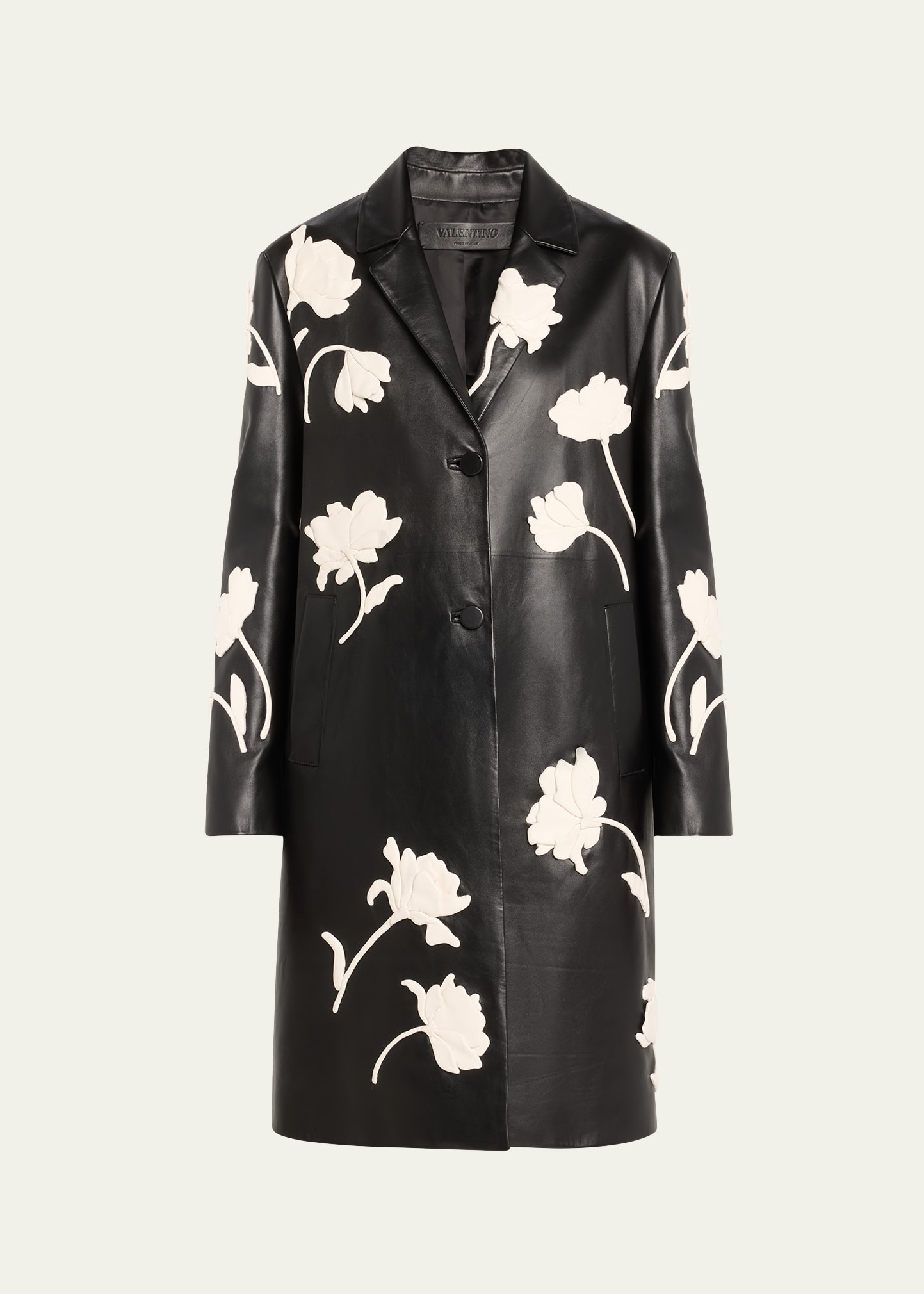 Valentino Floral Applique Leather Coat In Black