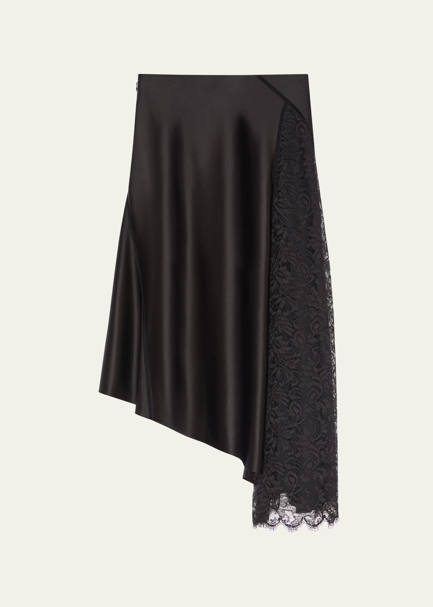 Givenchy Lace Insert Asymmetric Silk Midi Skirt In Black