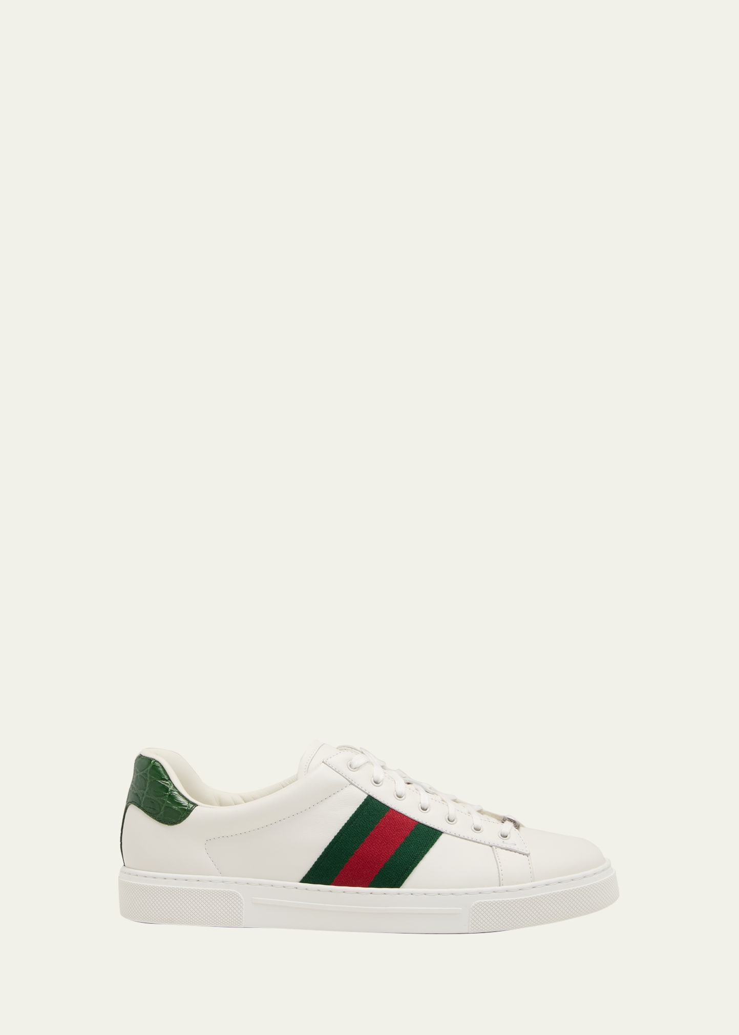 Shop Gucci Men's Ace Leather Web Low-top Sneakers In White