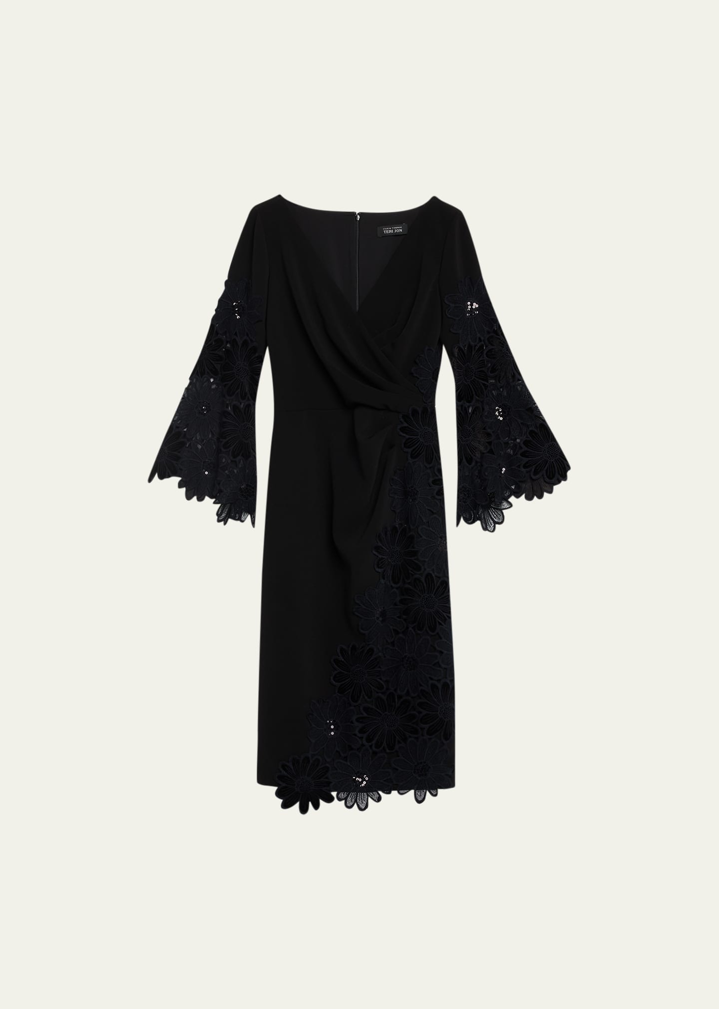 Shop Rickie Freeman For Teri Jon Pleated Floral Lace-trim Midi Dress In Black