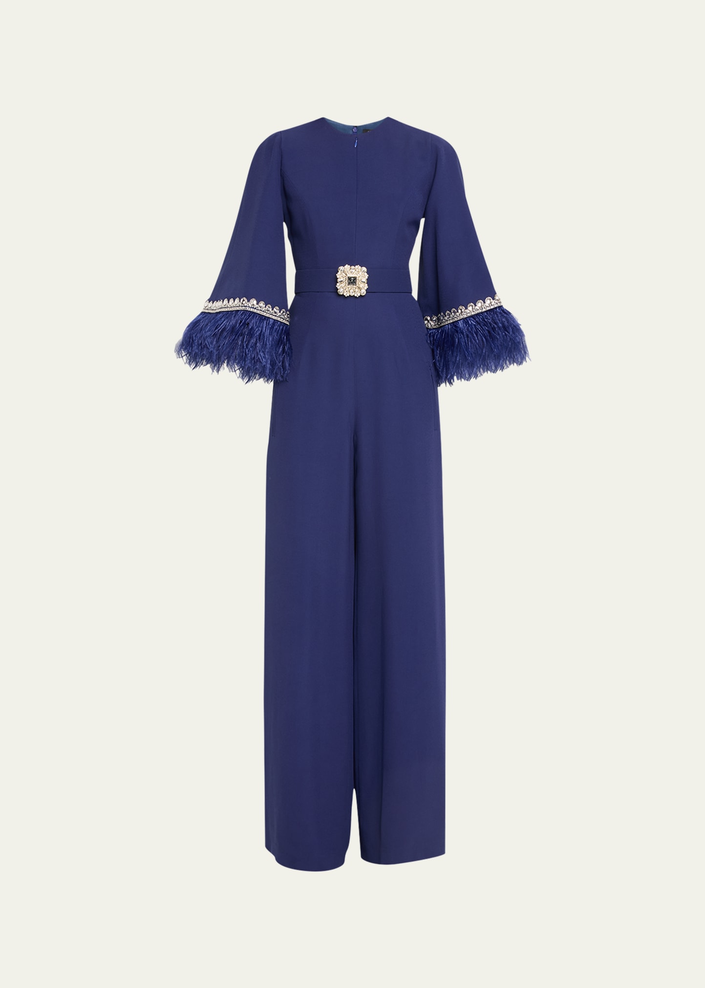 Andrew Gn Crystal Belted Feather Trimmed Wide Leg Jumpsuit In Navy