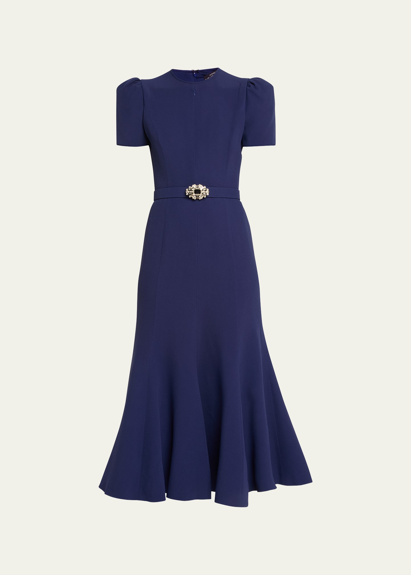 Andrew Gn Puff-sleeve Crystal Belted Flared Midi Dress In Navy