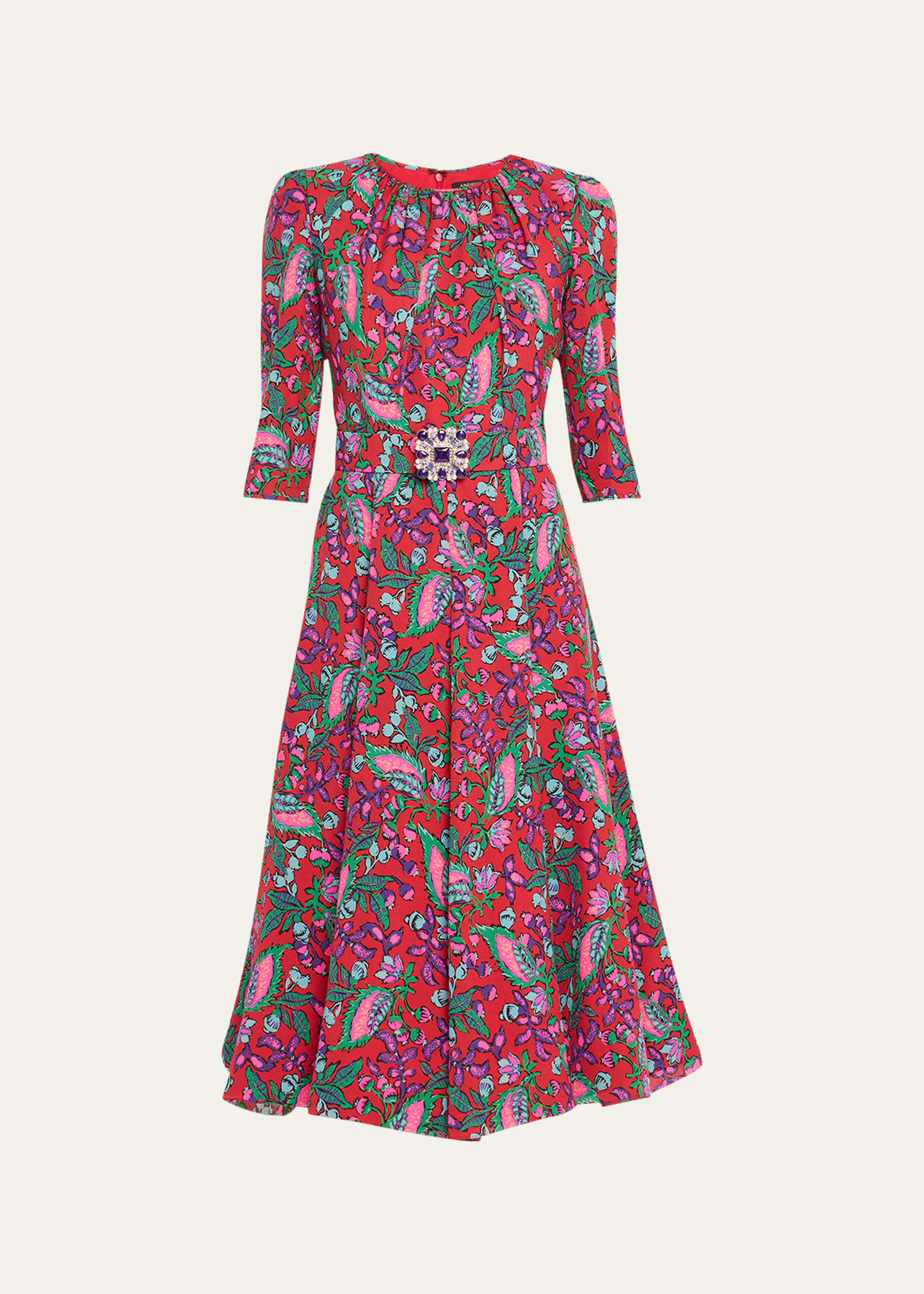 Andrew Gn Floral Print Three-quarter Sleeve Belted Midi Dress In Red
