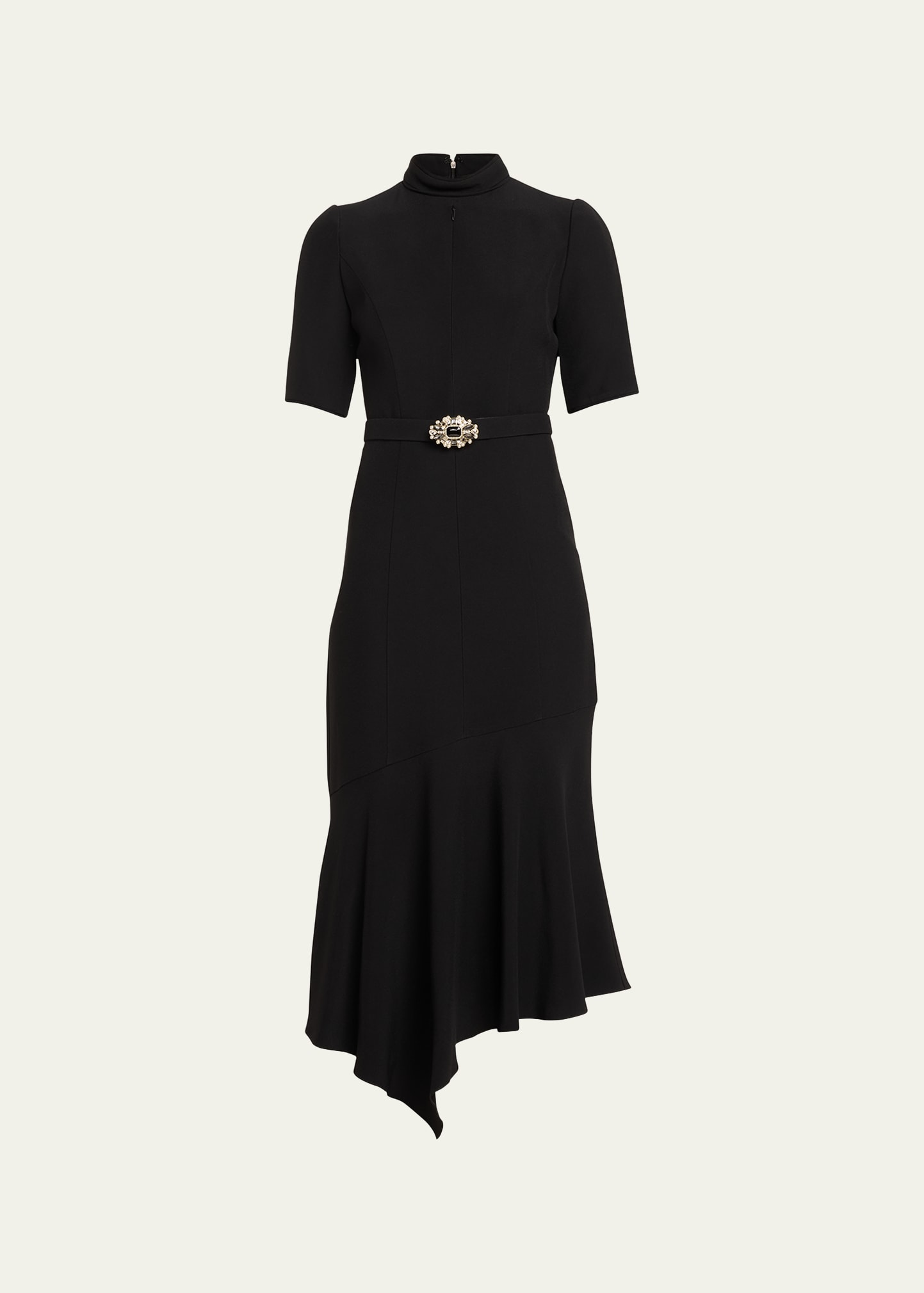 Andrew Gn Mock-neck Crystal Belted Asymmetric Midi Dress In Black