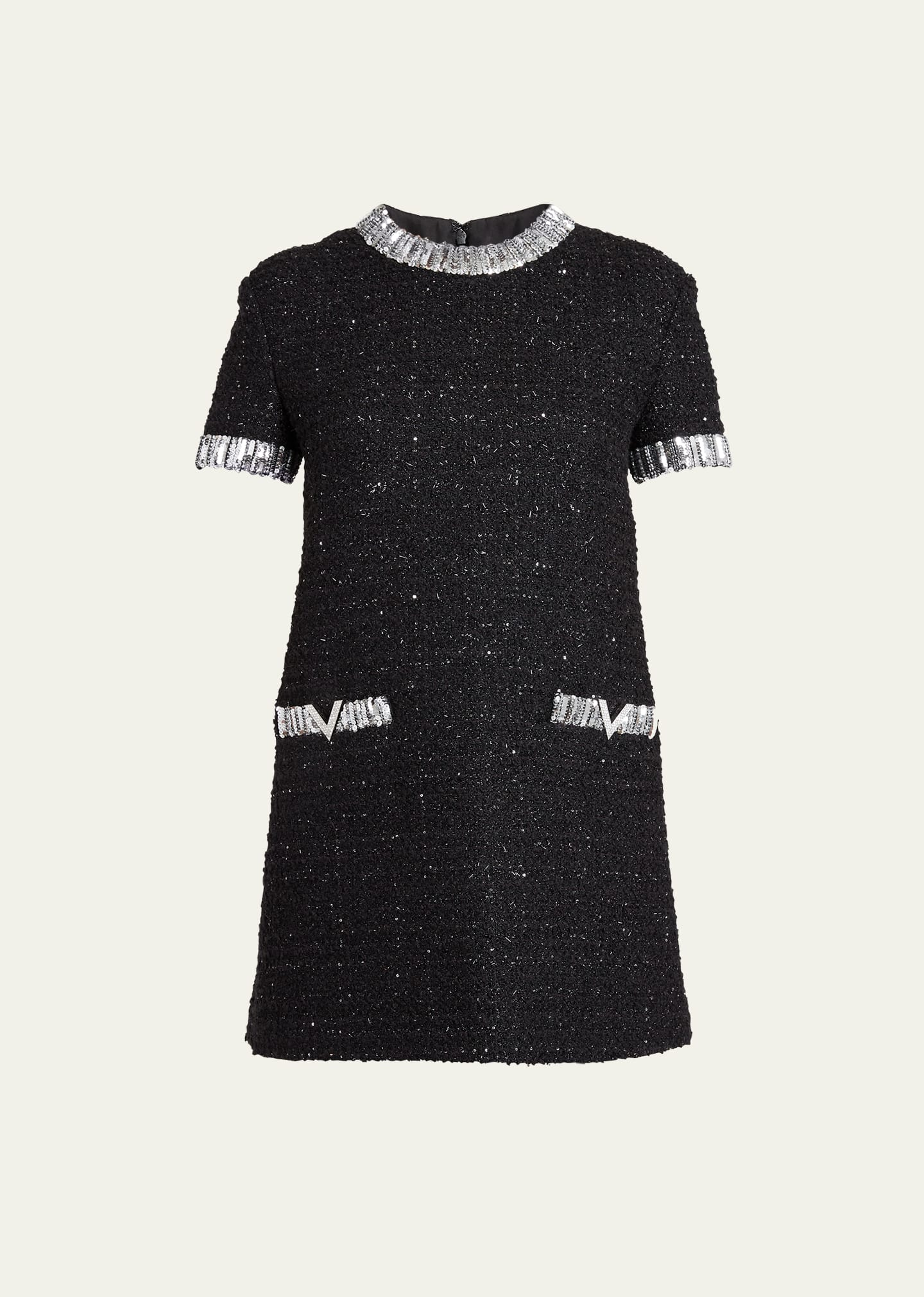 Shop Valentino Tweed Embroidered Mini Dress With Patch Pockets In Black Silver