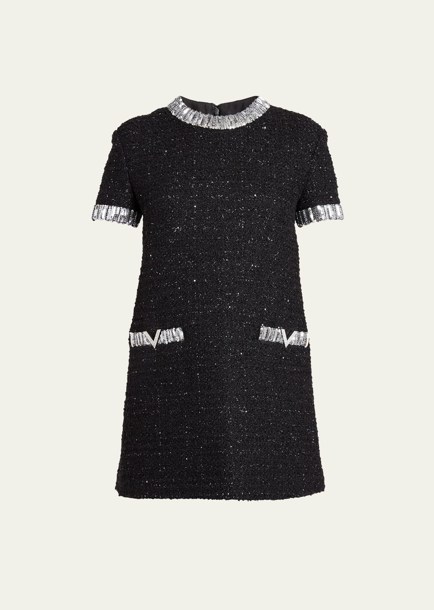Valentino Tweed Embroidered Mini Dress With Patch Pockets In Black Silver