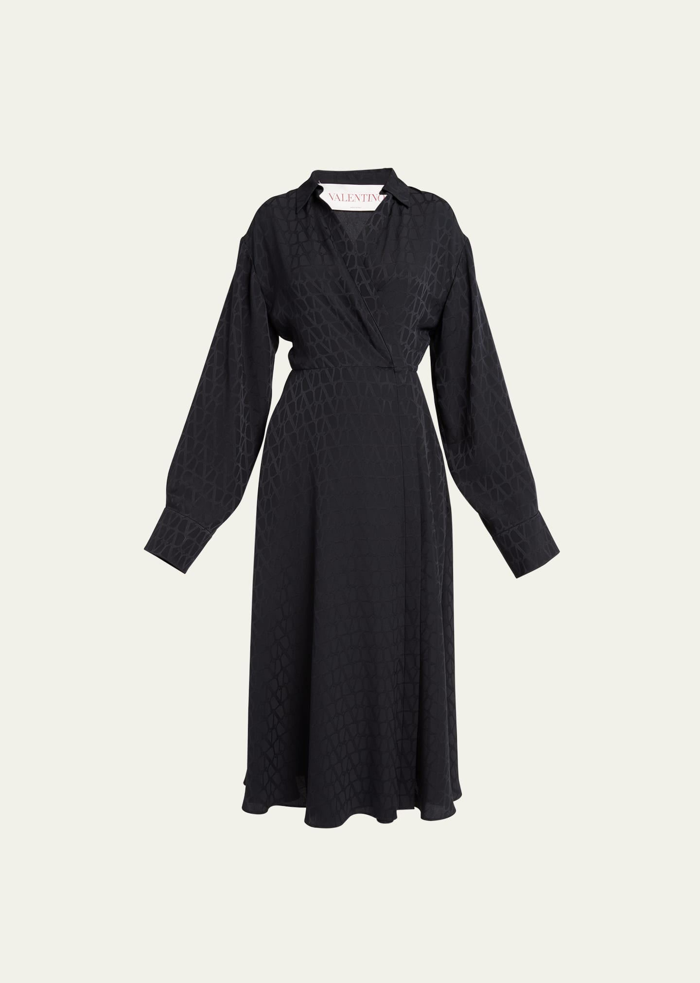 Valentino V Logo Long-sleeve Silk Wrap Midi Dress In Black
