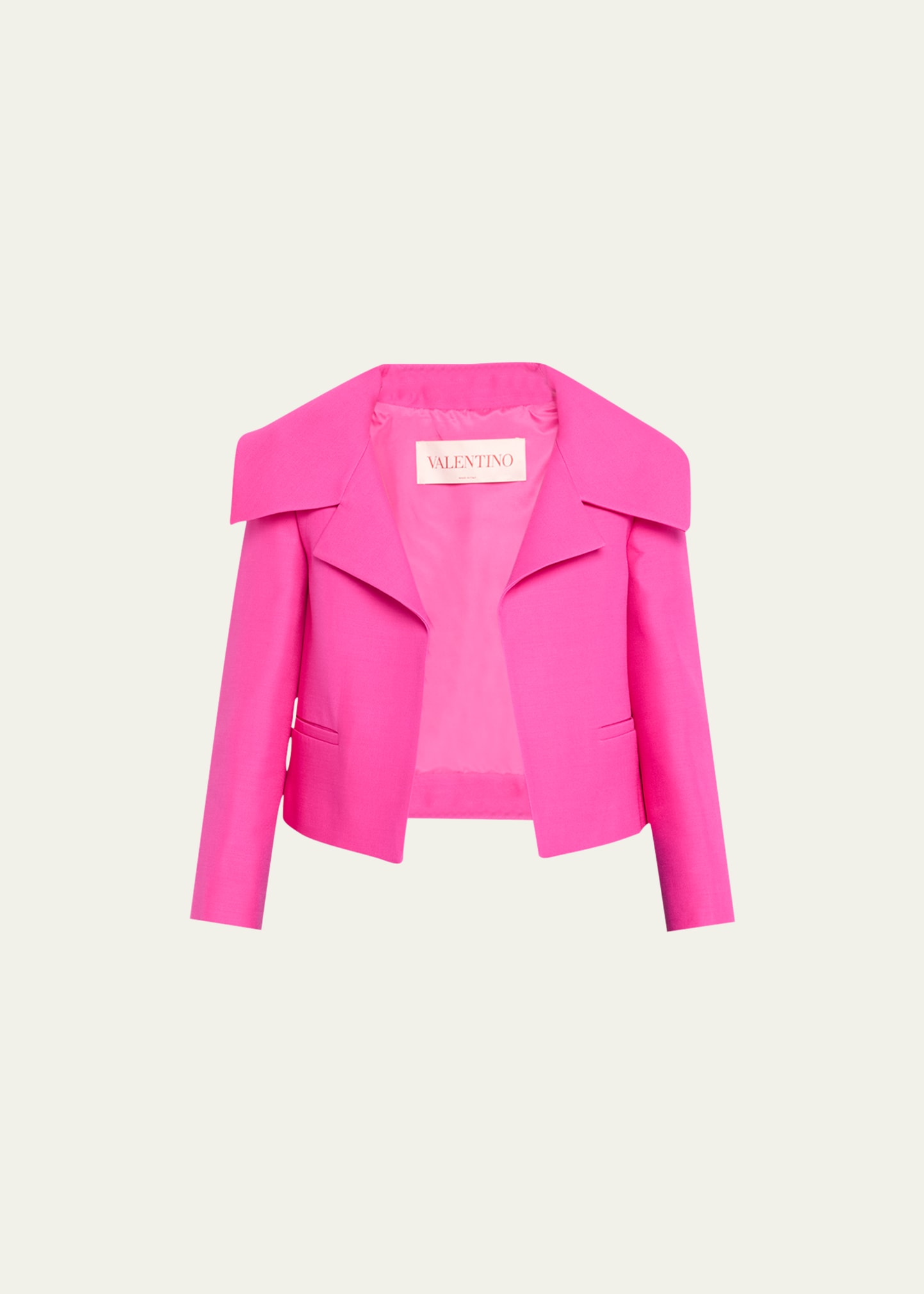 Valentino Cropped Open Collar Wool Blazer In Pink