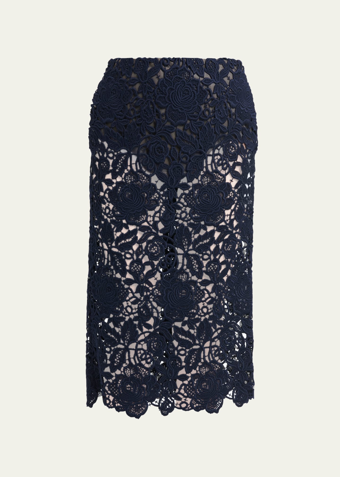 Valentino Floral Lace Sheer Pencil Skirt In Navy