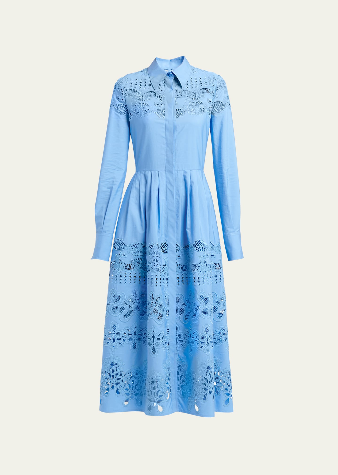 Valentino Long-sleeve Floral Laser-cut Detailed Midi Shirtdress In Lilac Blue