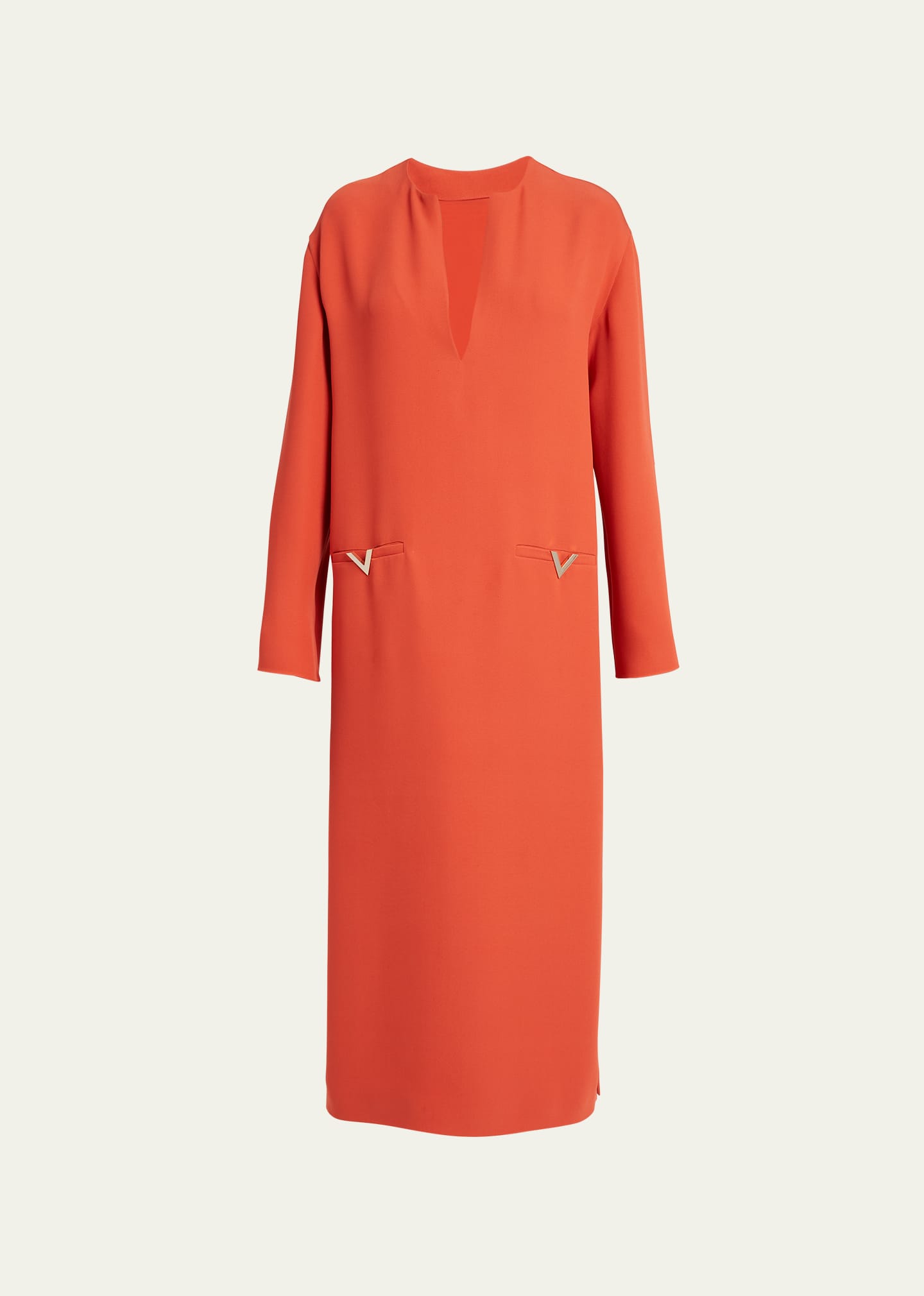 Valentino Split-neck Midi Dress With Logo Pocket In Off Orange