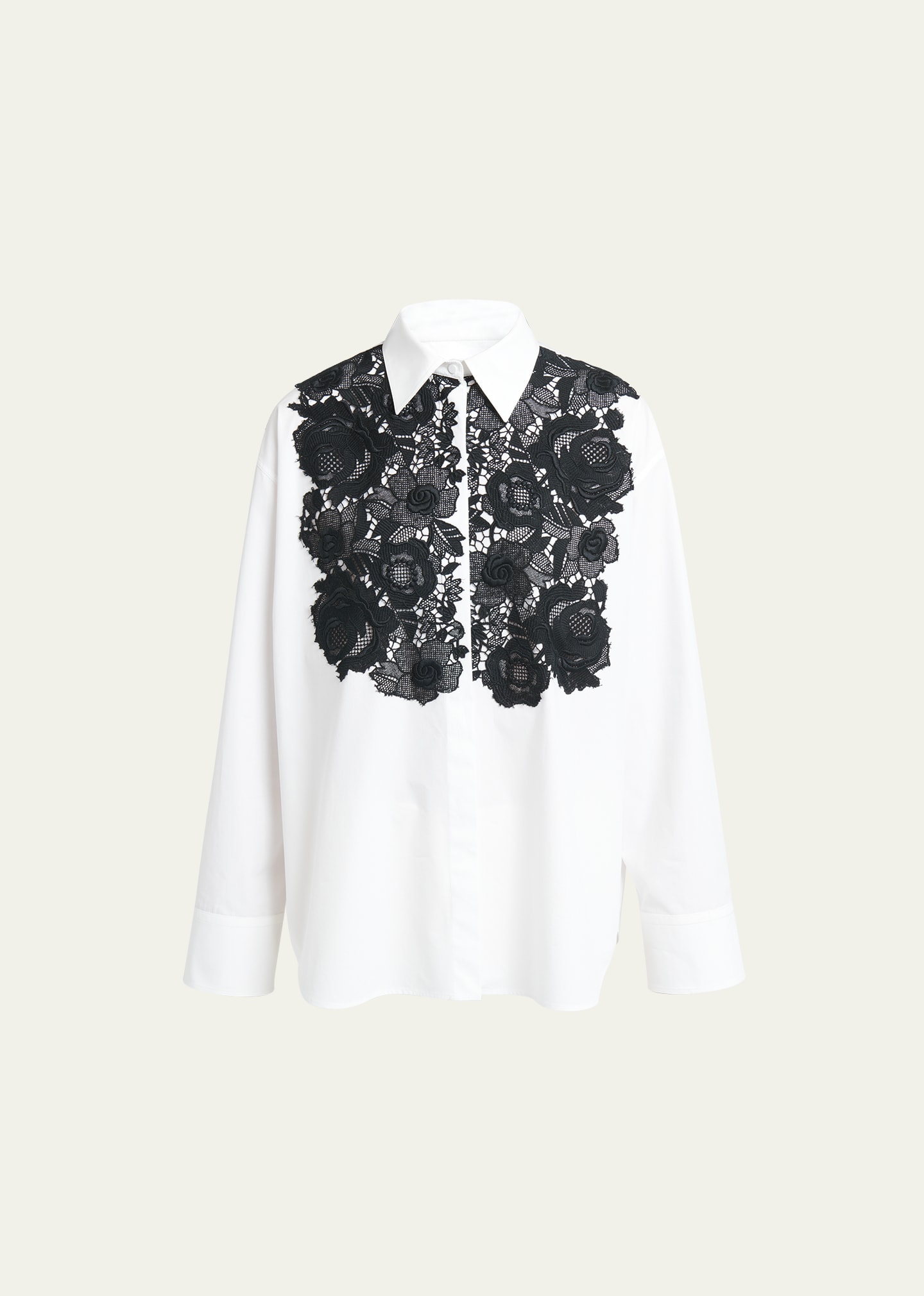 Shop Valentino Floral Lace Overlay Collared Poplin Blouse In White Black