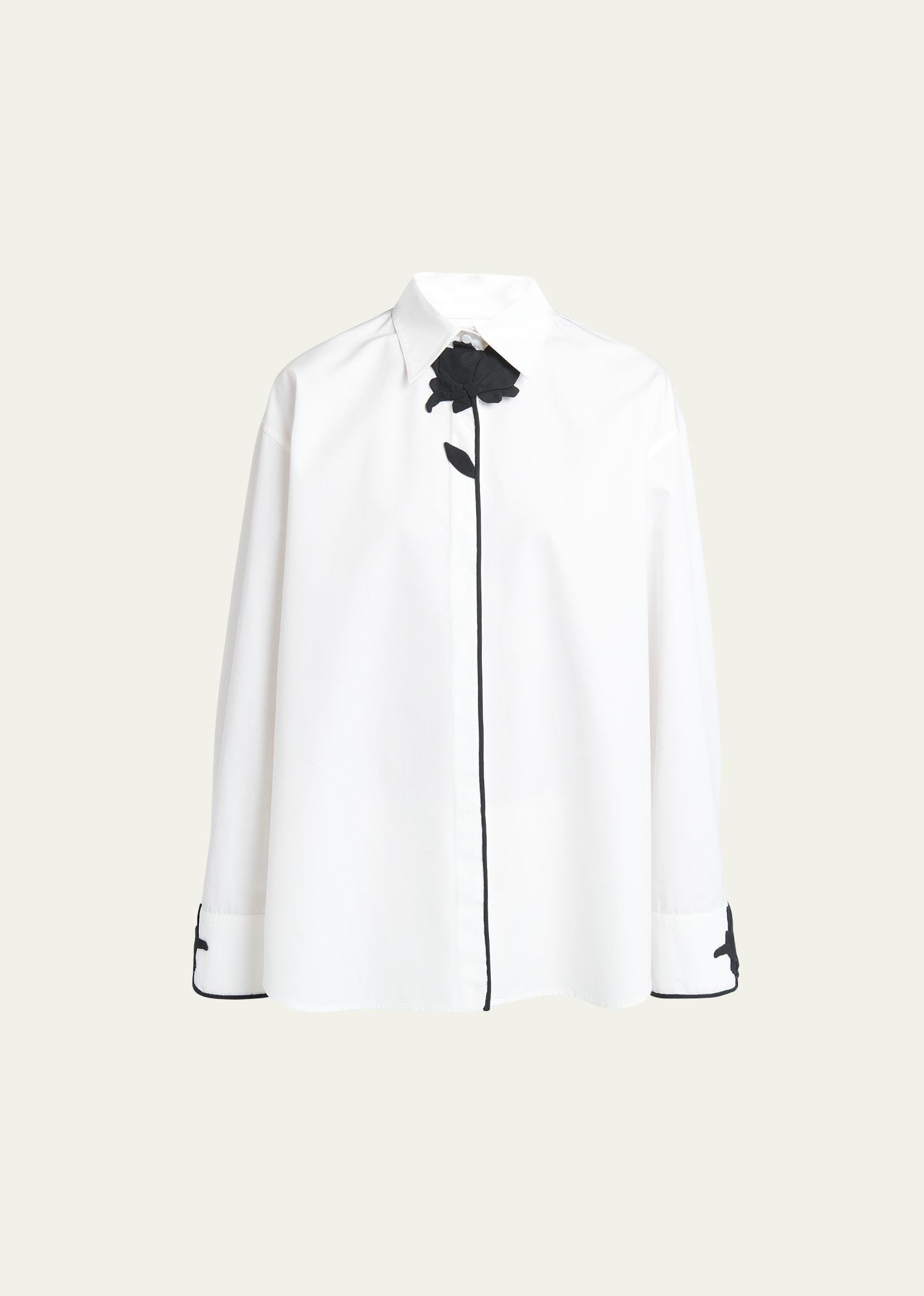 Valentino Contrast Floral Embroidered Poplin Blouse In White Black