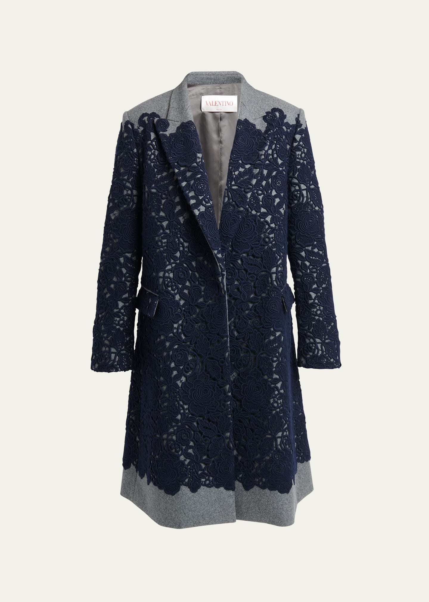 Valentino Floral Lace Applique Overcoat In Grey