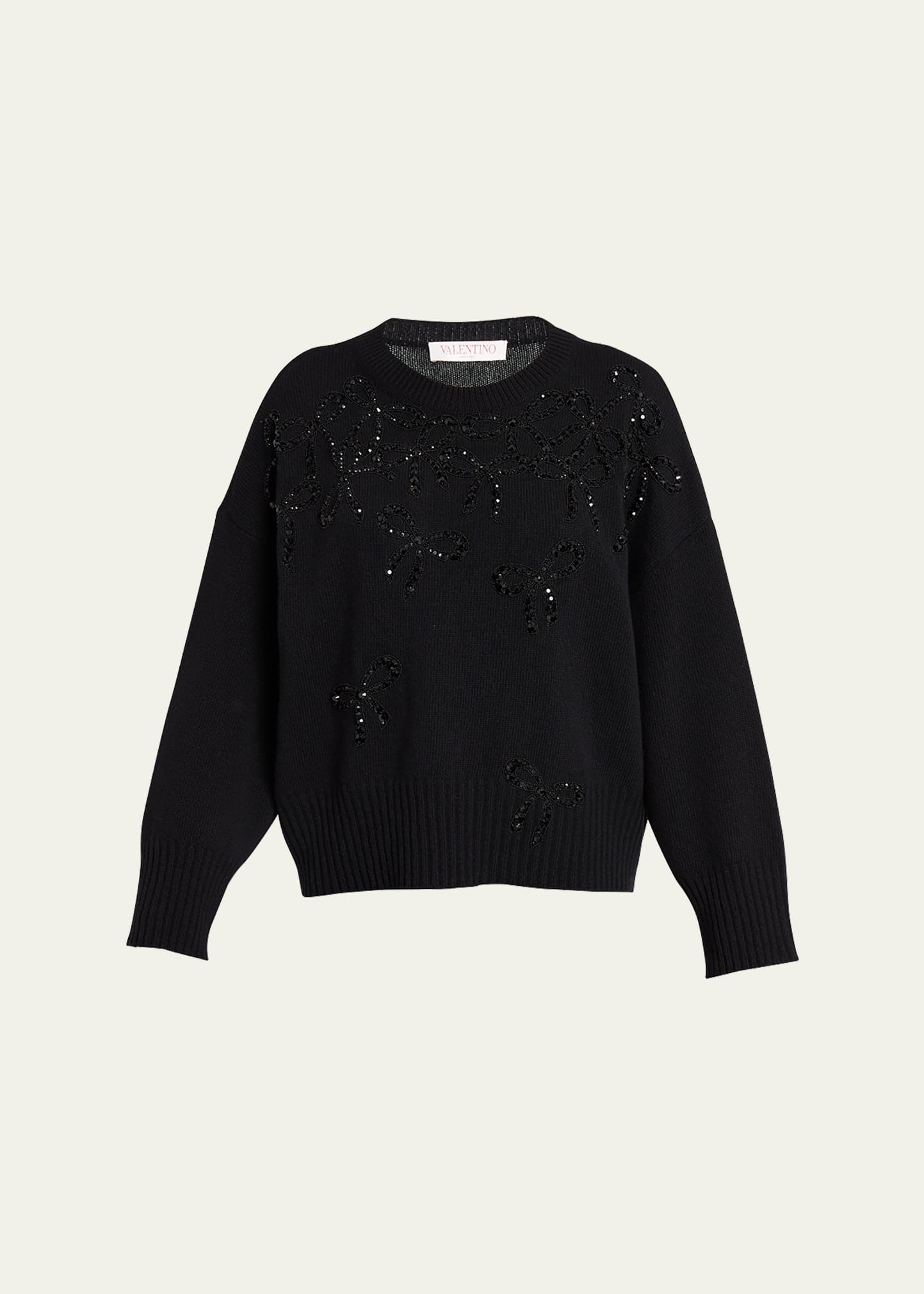 Valentino Crystal Bow Embellished Wool Sweater In Black