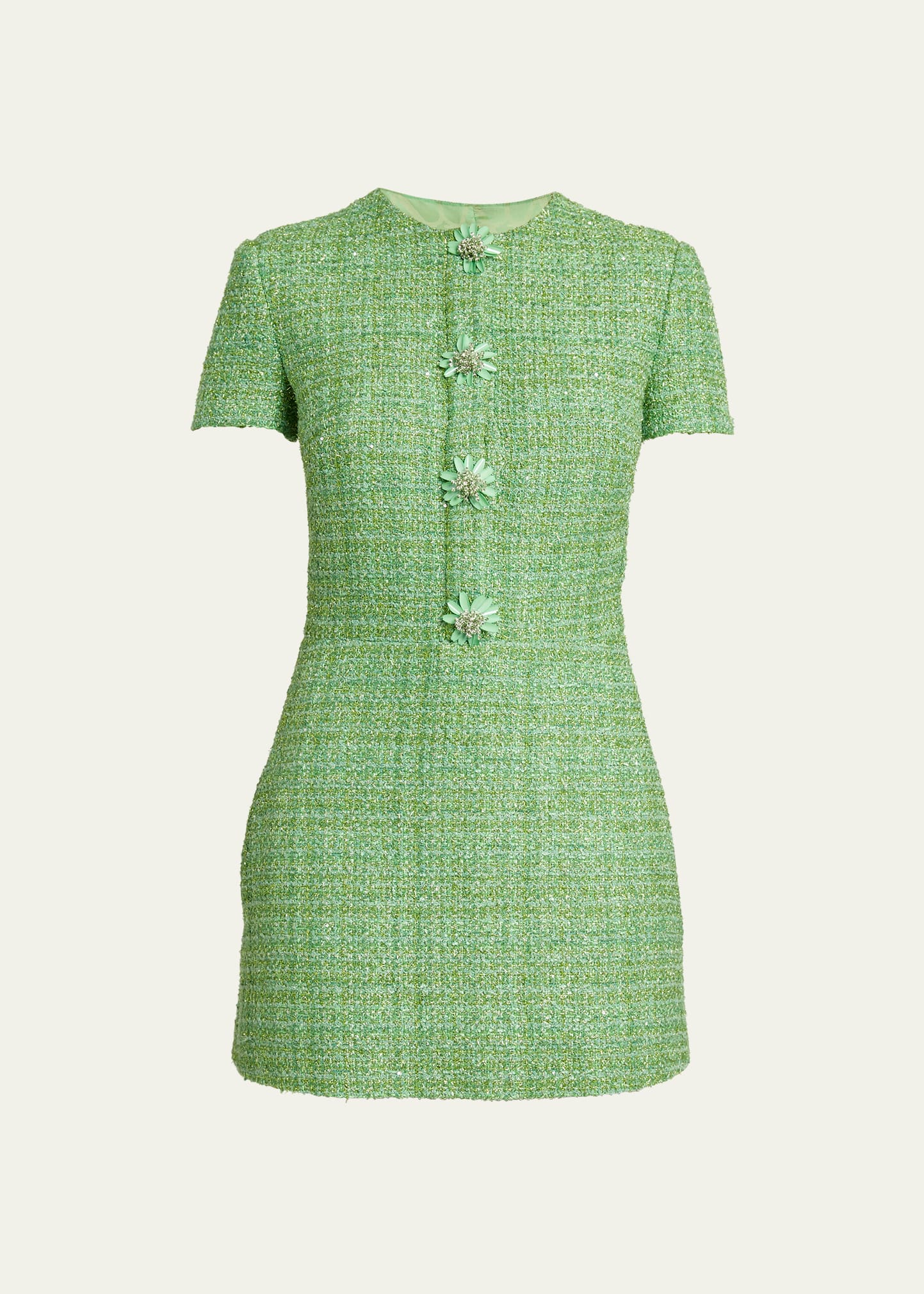 Valentino Metallic Tweed Floral Button Mini Dress In Med Green