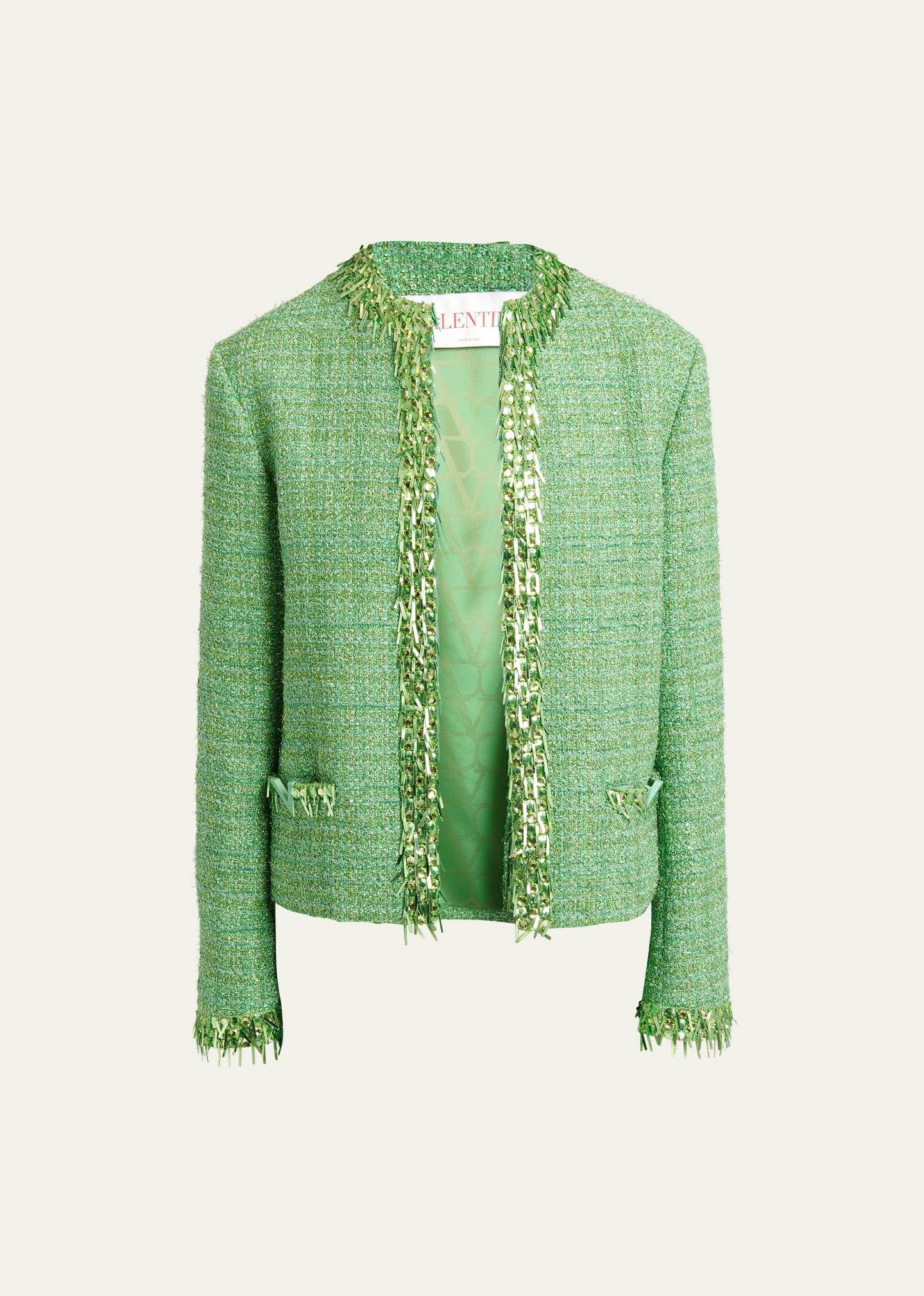 Valentino Tweed Sequin Fringe Embroidered Jacket In Med Green
