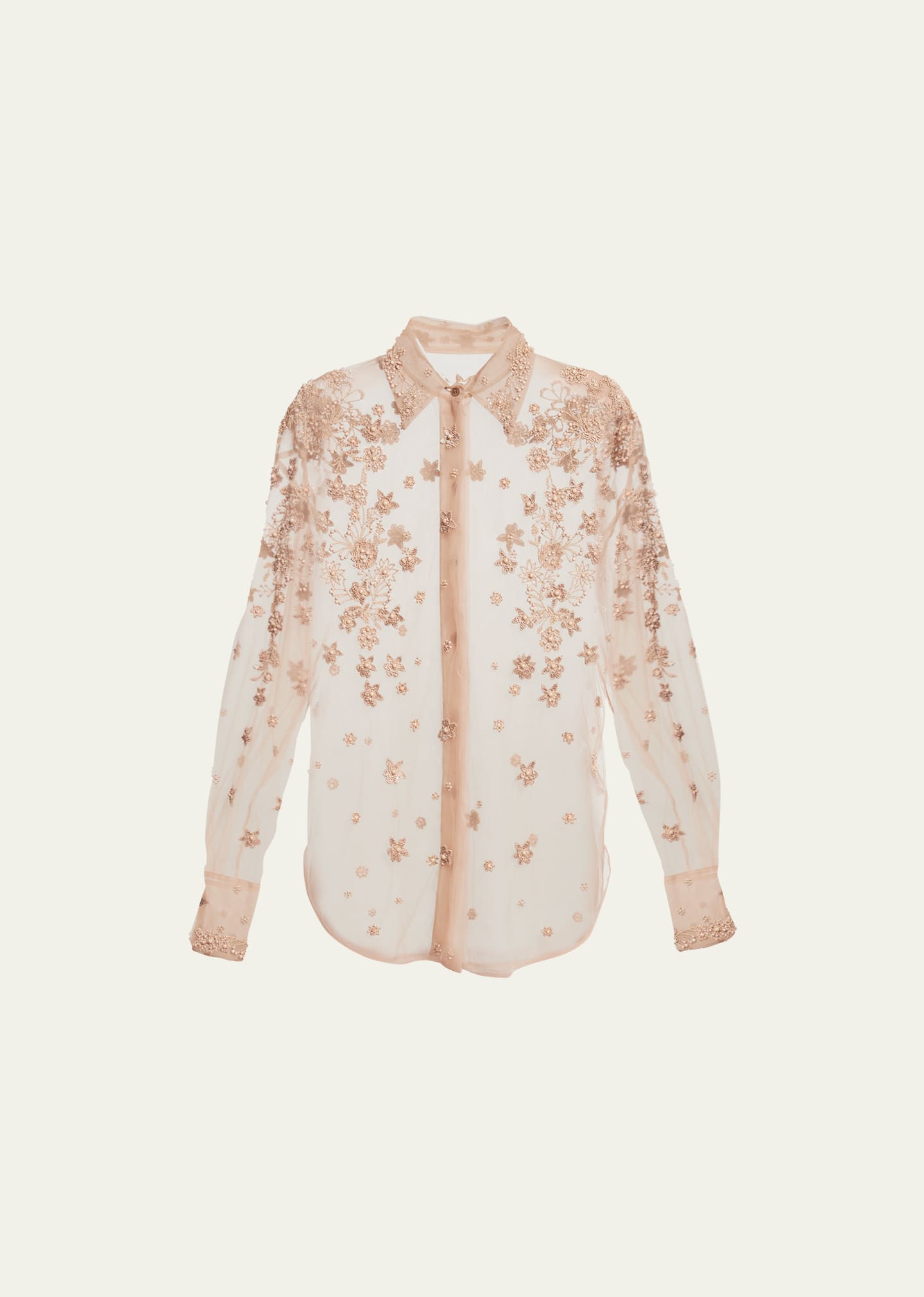 Valentino Long-sleeve Sheer Flower Embroidered Blouse In Blush