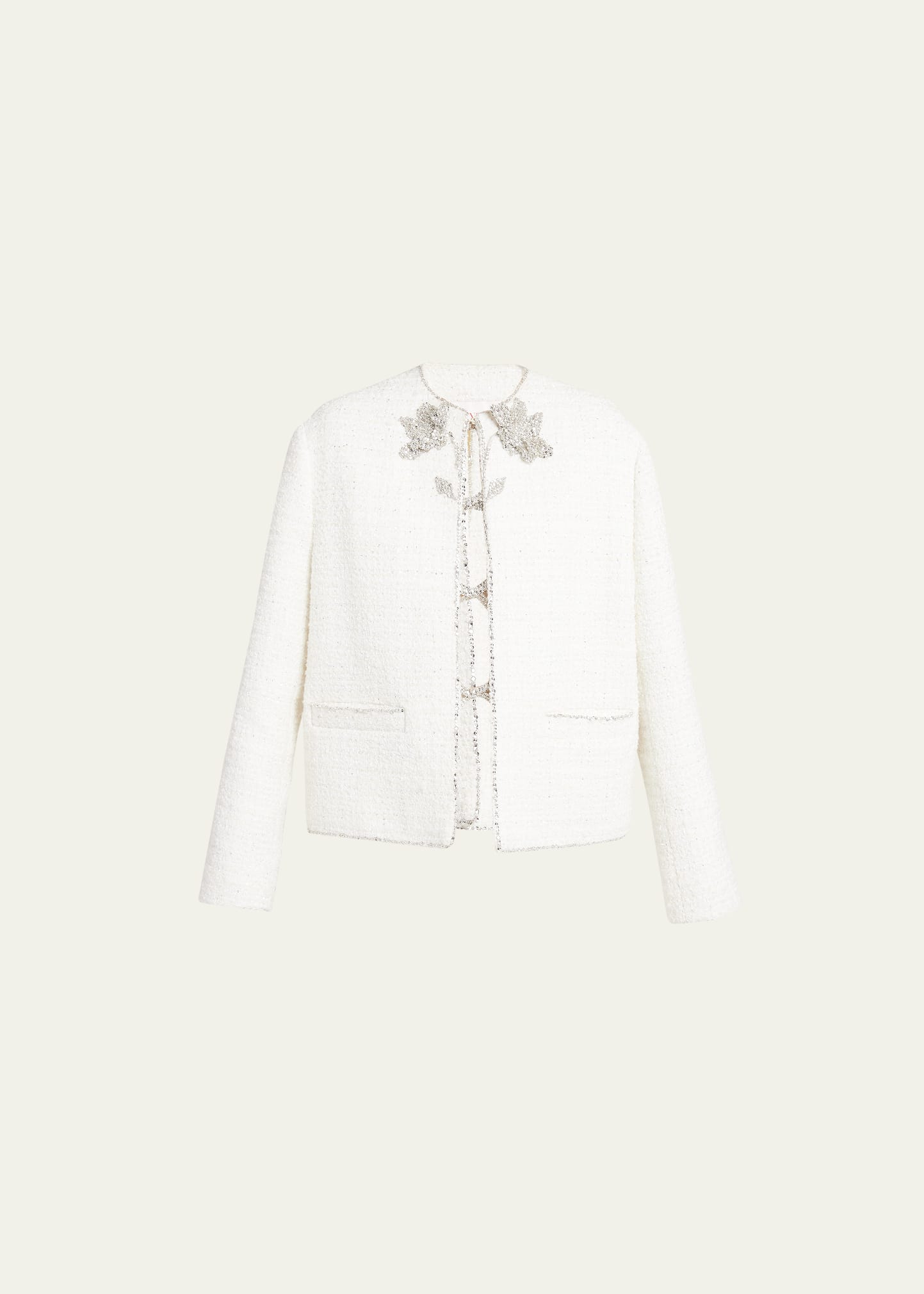 Valentino Silver Embroidered Floral Tweed Boxy Blazer In Ivory Multi