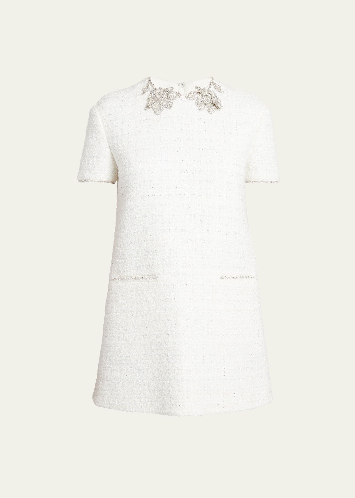 Shop Valentino Crystal Flower Short-sleeve Tweed Mini Dress In Ivory Multi
